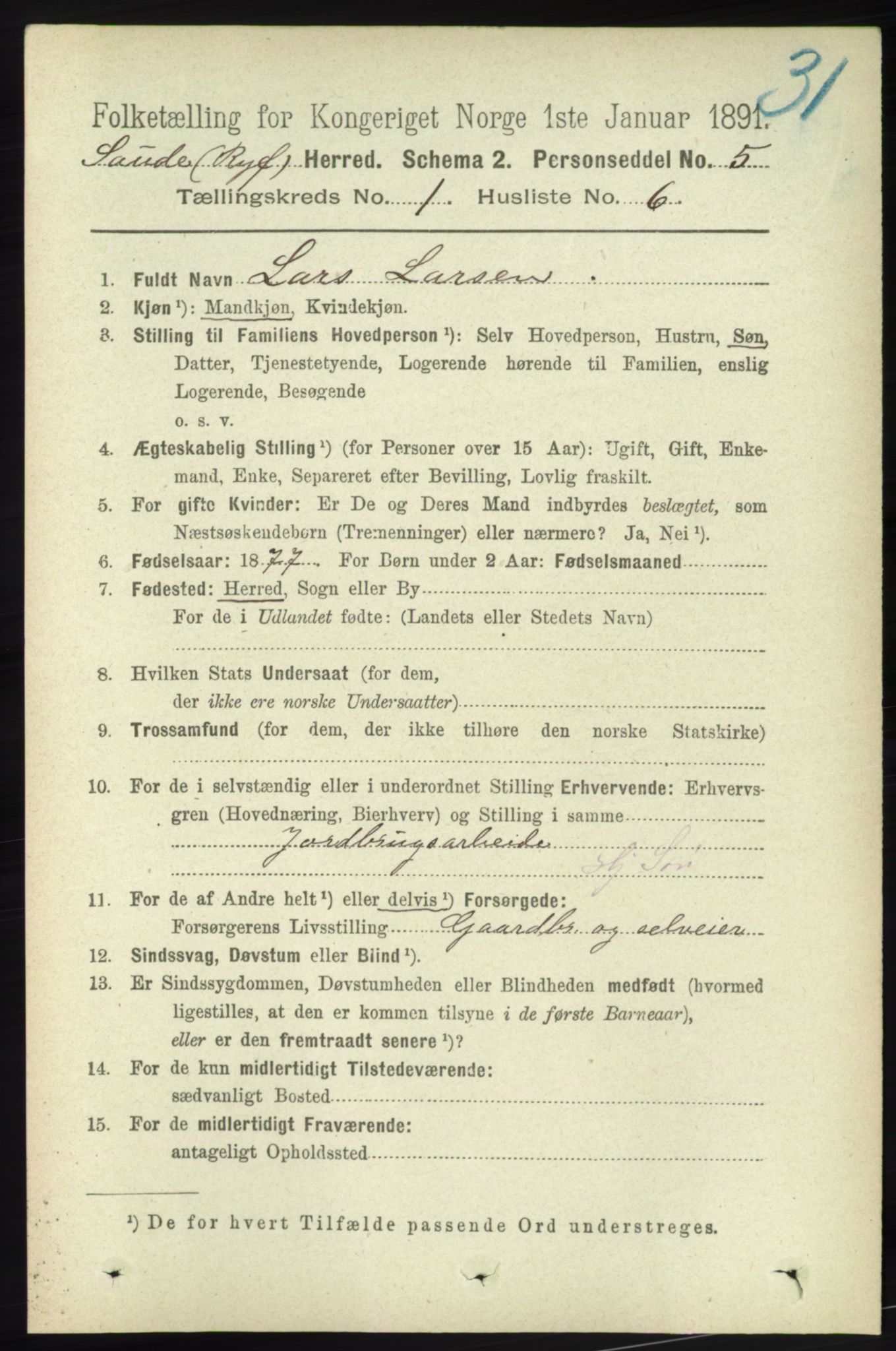 RA, 1891 census for 1135 Sauda, 1891, p. 138