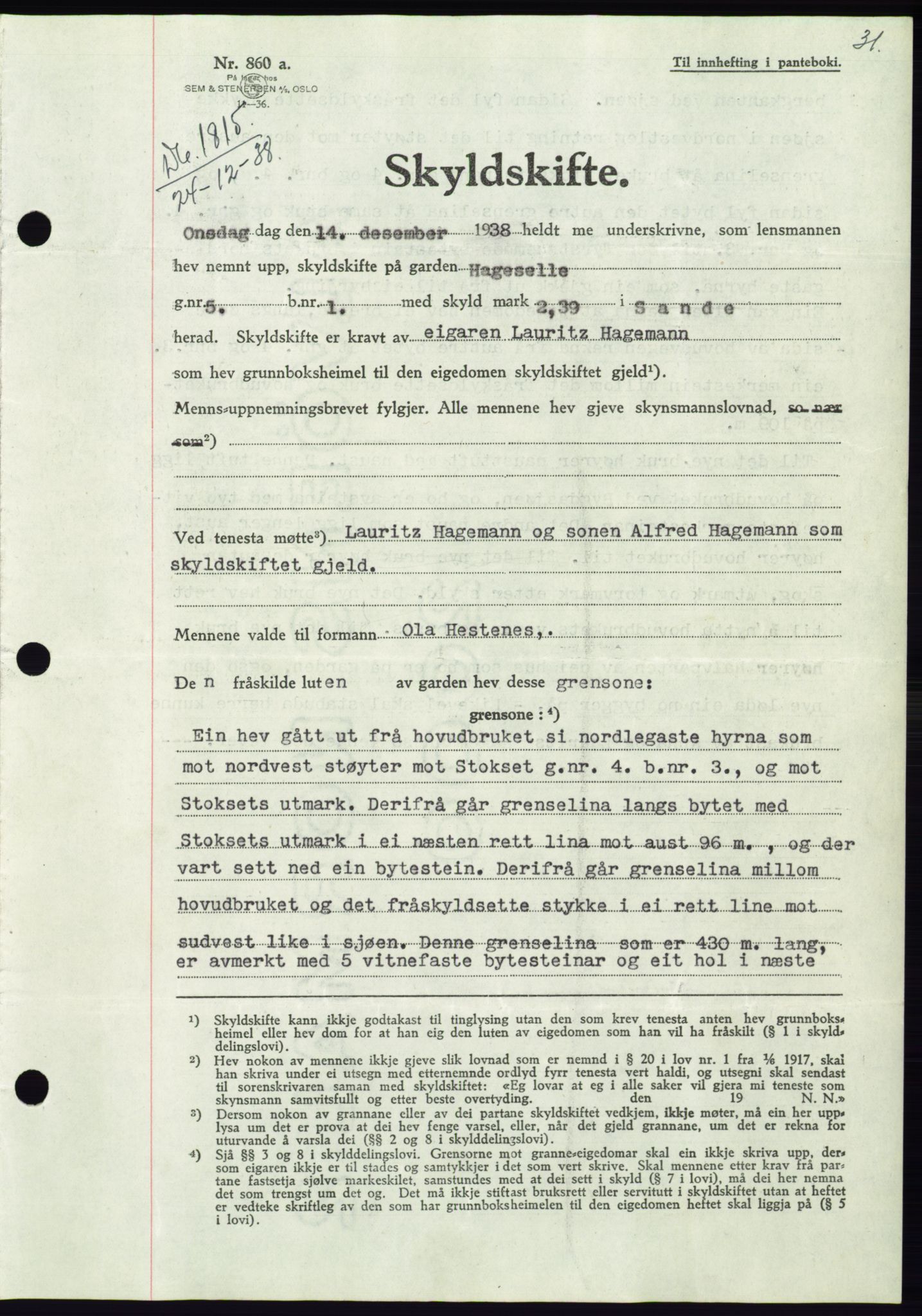 Søre Sunnmøre sorenskriveri, AV/SAT-A-4122/1/2/2C/L0067: Mortgage book no. 61, 1938-1939, Diary no: : 1815/1938