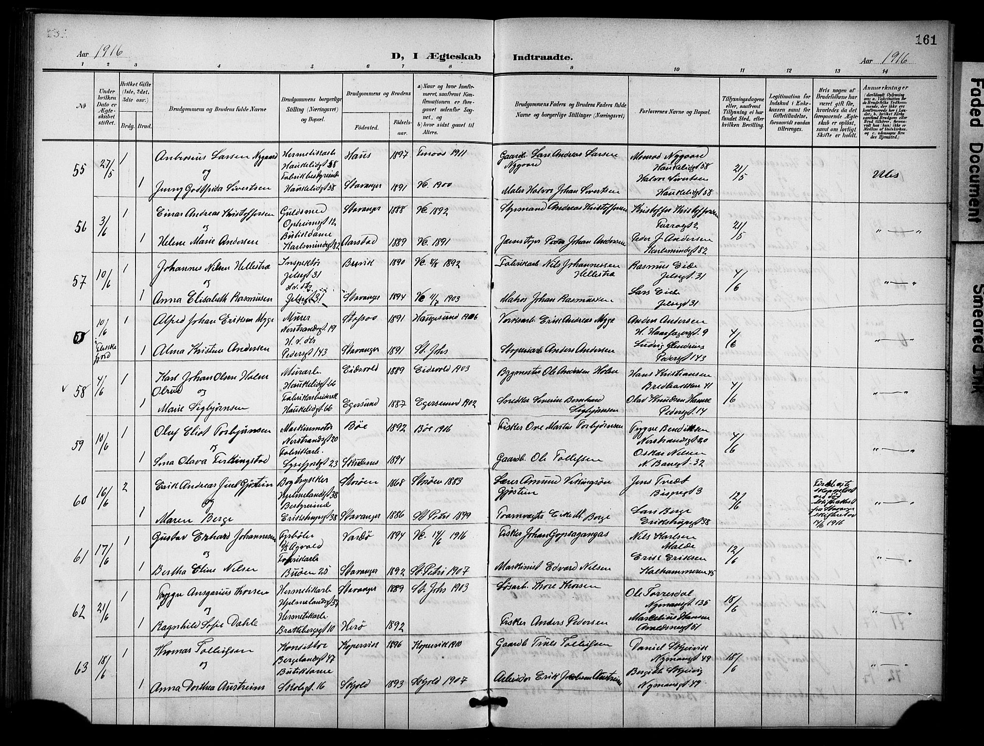 St. Johannes sokneprestkontor, AV/SAST-A-101814/001/30/30BB/L0005: Parish register (copy) no. B 5, 1901-1917, p. 161