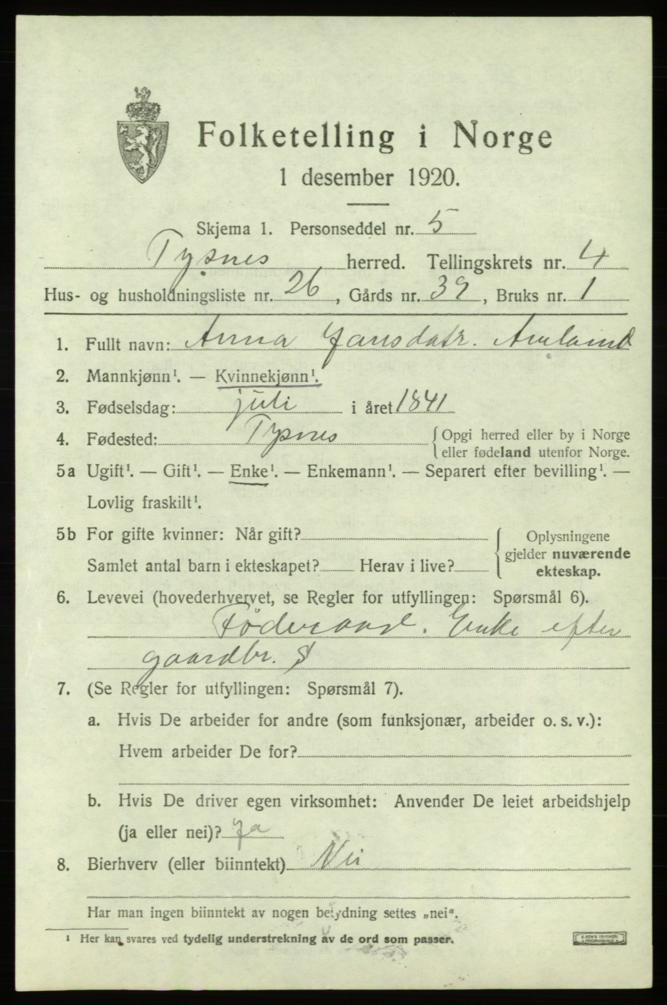 SAB, 1920 census for Tysnes, 1920, p. 3492