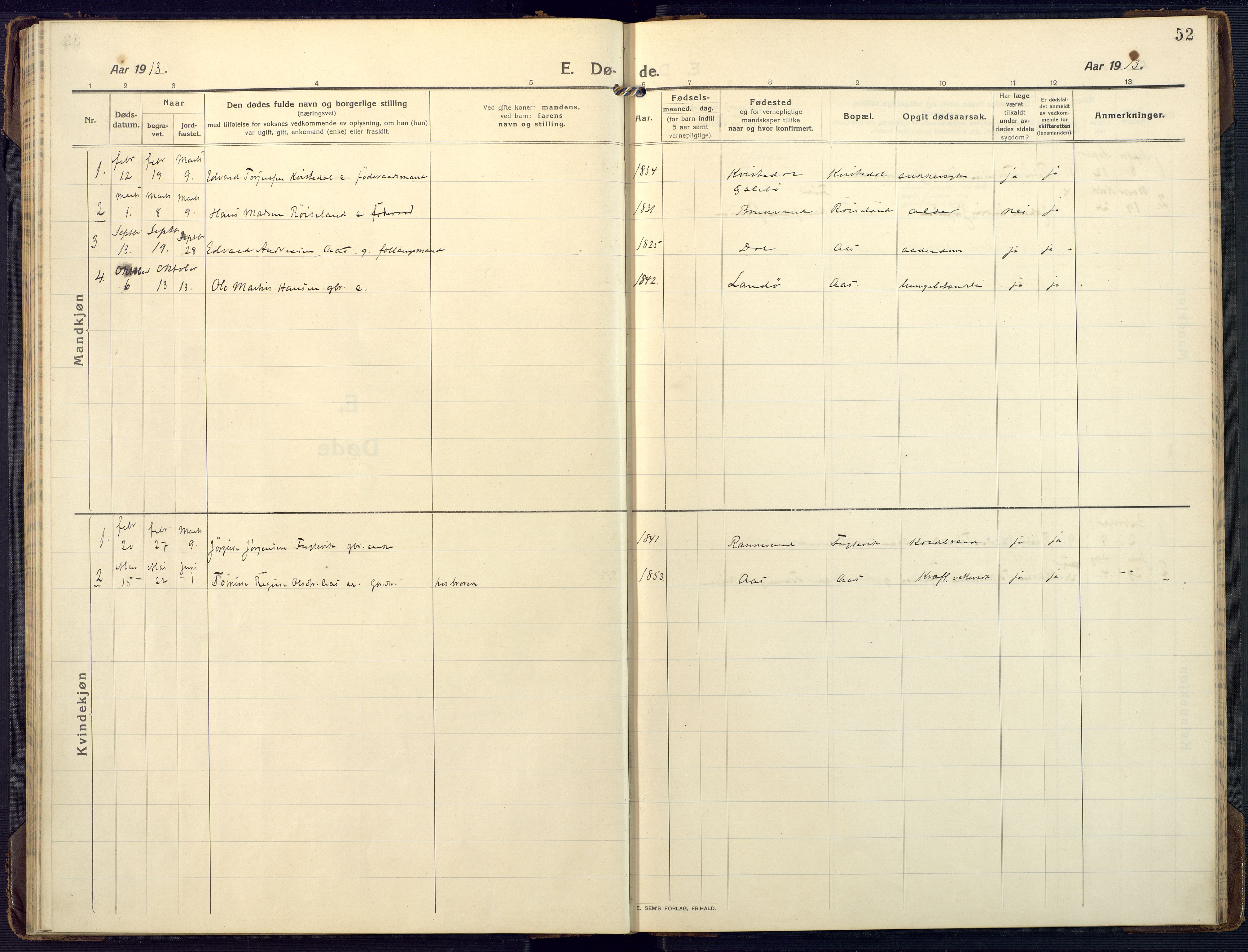 Mandal sokneprestkontor, AV/SAK-1111-0030/F/Fa/Fab/L0003: Parish register (official) no. A 3, 1913-1933, p. 52