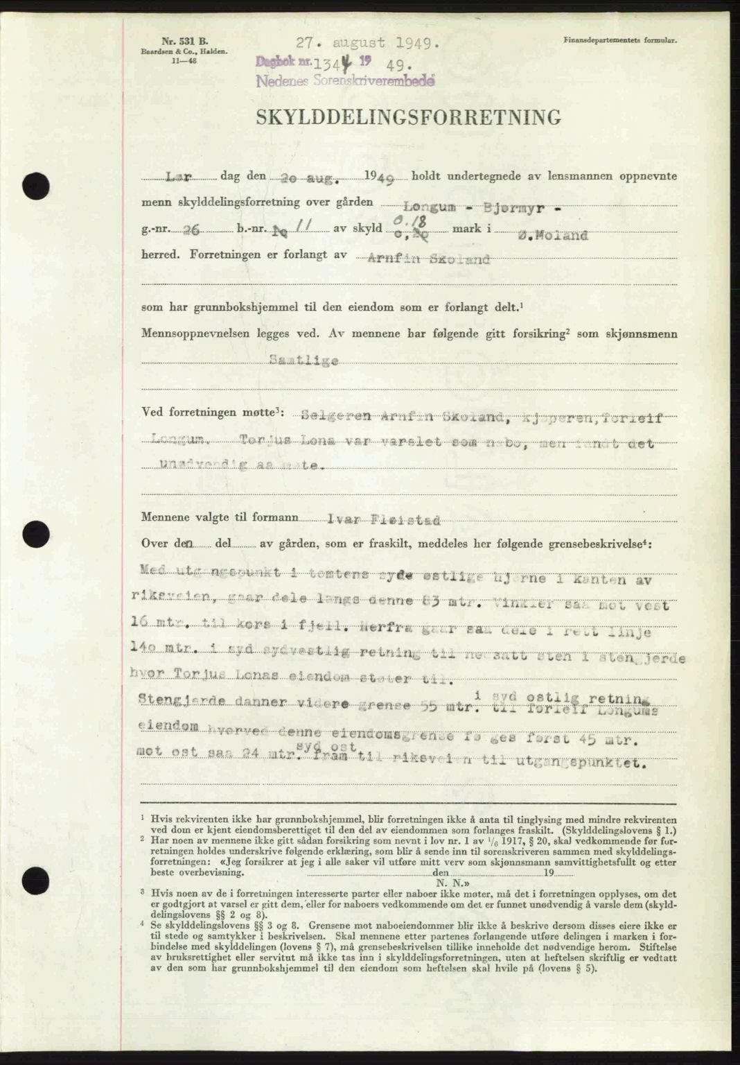 Nedenes sorenskriveri, SAK/1221-0006/G/Gb/Gba/L0061: Mortgage book no. A13, 1949-1949, Diary no: : 1344/1949