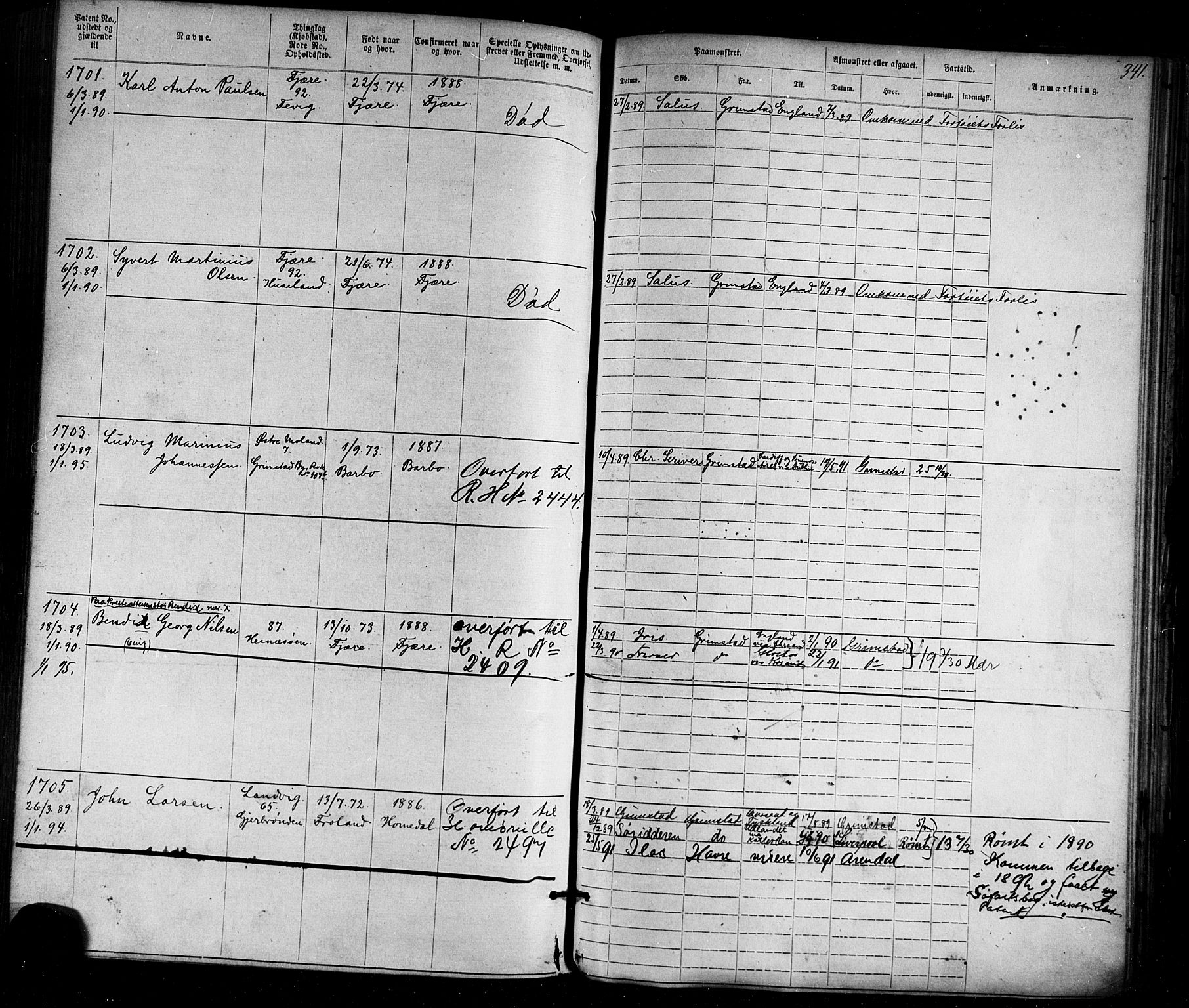 Grimstad mønstringskrets, SAK/2031-0013/F/Fa/L0005: Annotasjonsrulle nr 1-1910 med register, V-18, 1870-1892, p. 380
