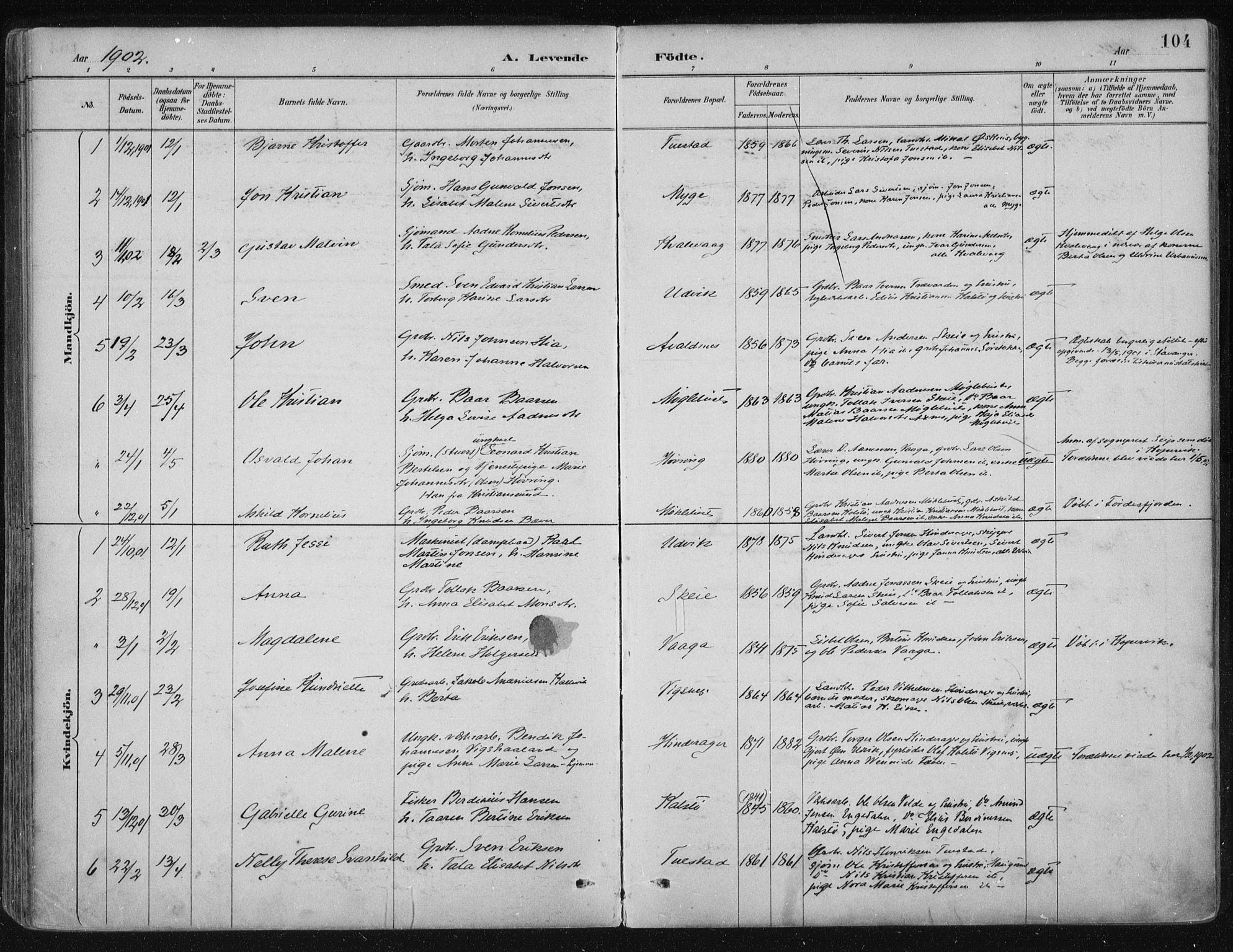 Avaldsnes sokneprestkontor, SAST/A -101851/H/Ha/Haa/L0017: Parish register (official) no. A 17, 1889-1920, p. 104