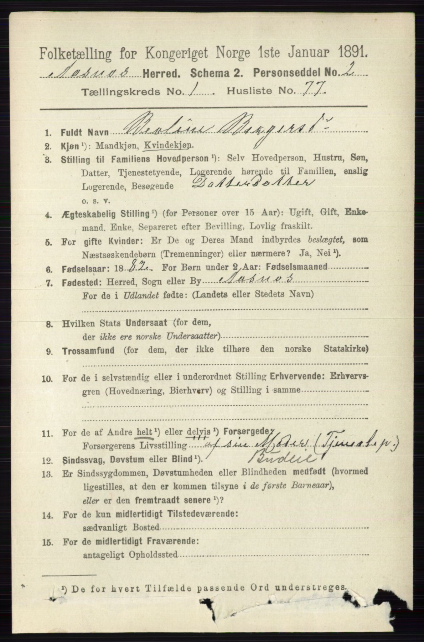 RA, 1891 census for 0425 Åsnes, 1891, p. 559