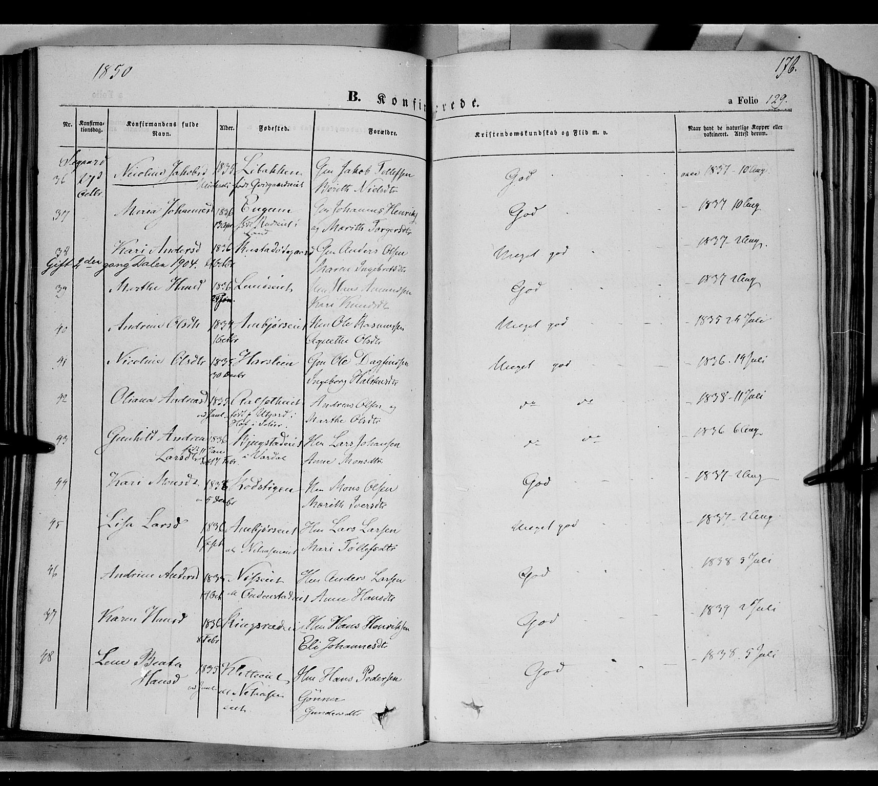 Biri prestekontor, SAH/PREST-096/H/Ha/Haa/L0005: Parish register (official) no. 5, 1843-1854, p. 176