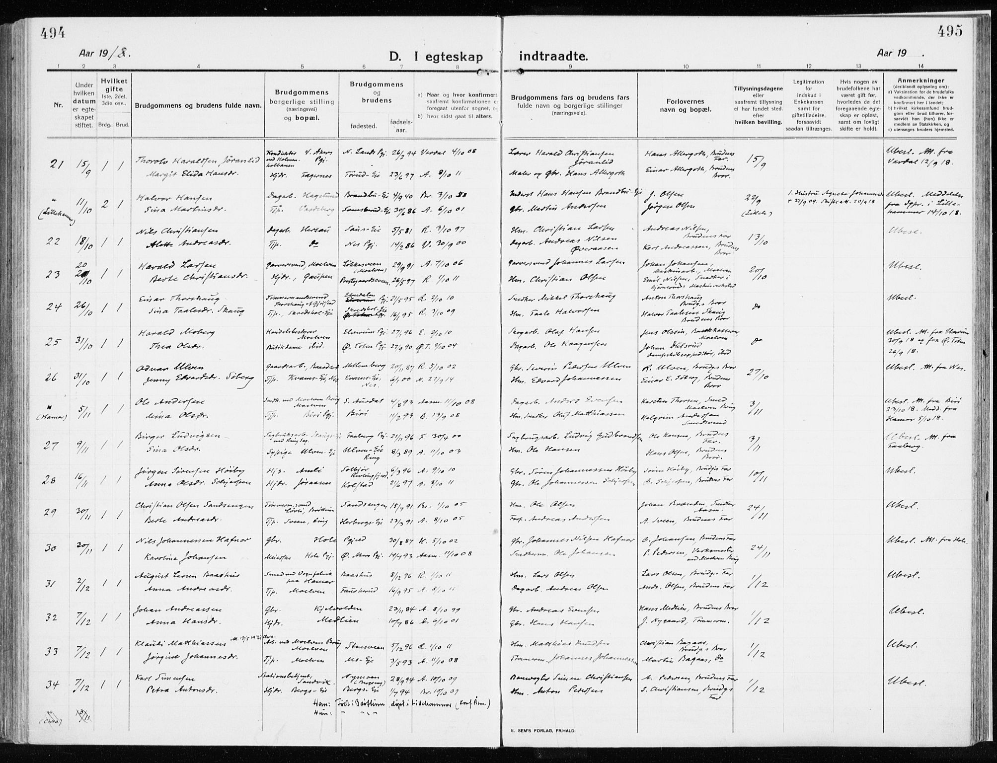 Ringsaker prestekontor, AV/SAH-PREST-014/K/Ka/L0020: Parish register (official) no. 20, 1913-1922, p. 494-495