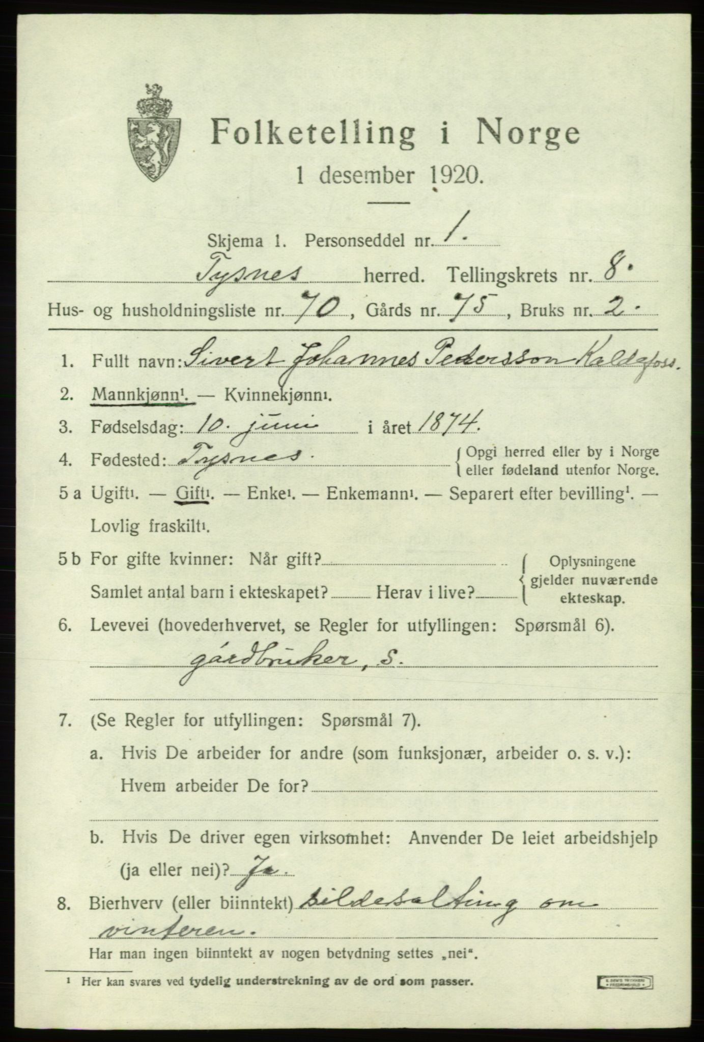 SAB, 1920 census for Tysnes, 1920, p. 6160