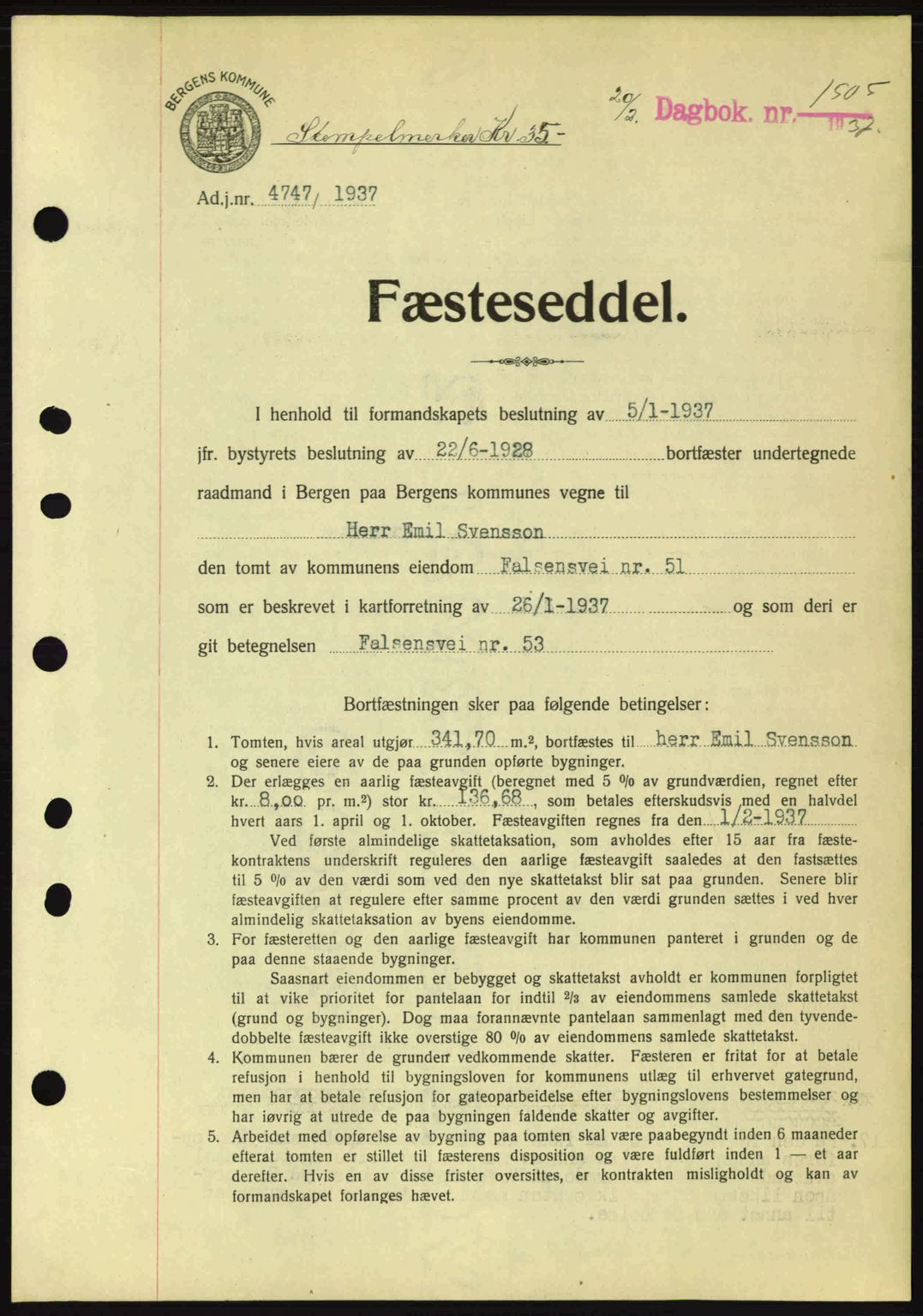 Byfogd og Byskriver i Bergen, SAB/A-3401/03/03Bc/L0004: Mortgage book no. A3-4, 1936-1937, Diary no: : 1505/1937