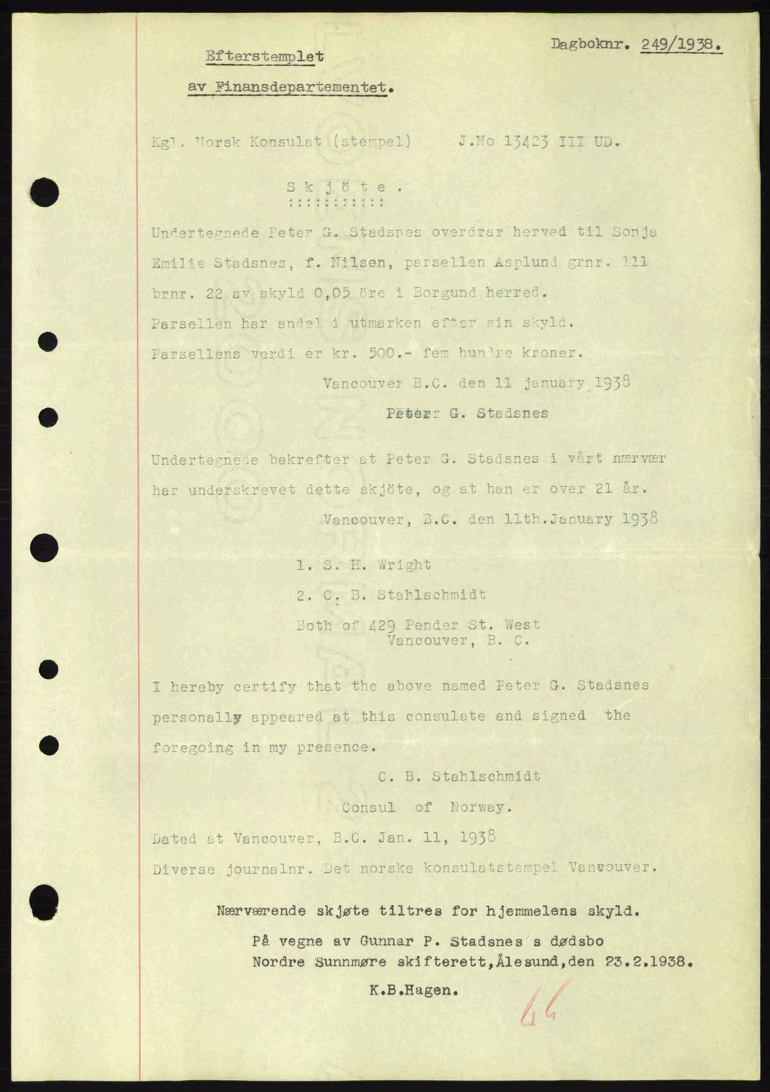 Nordre Sunnmøre sorenskriveri, AV/SAT-A-0006/1/2/2C/2Ca: Mortgage book no. A4, 1937-1938, Diary no: : 249/1938