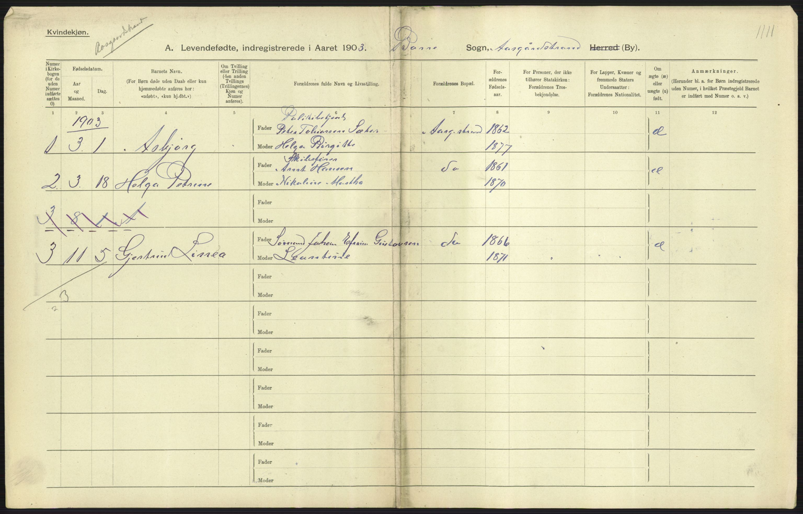 Statistisk sentralbyrå, Sosiodemografiske emner, Befolkning, AV/RA-S-2228/D/Df/Dfa/Dfaa/L0008: Jarlsberg og Larvik amt: Fødte, gifte, døde, 1903, p. 243