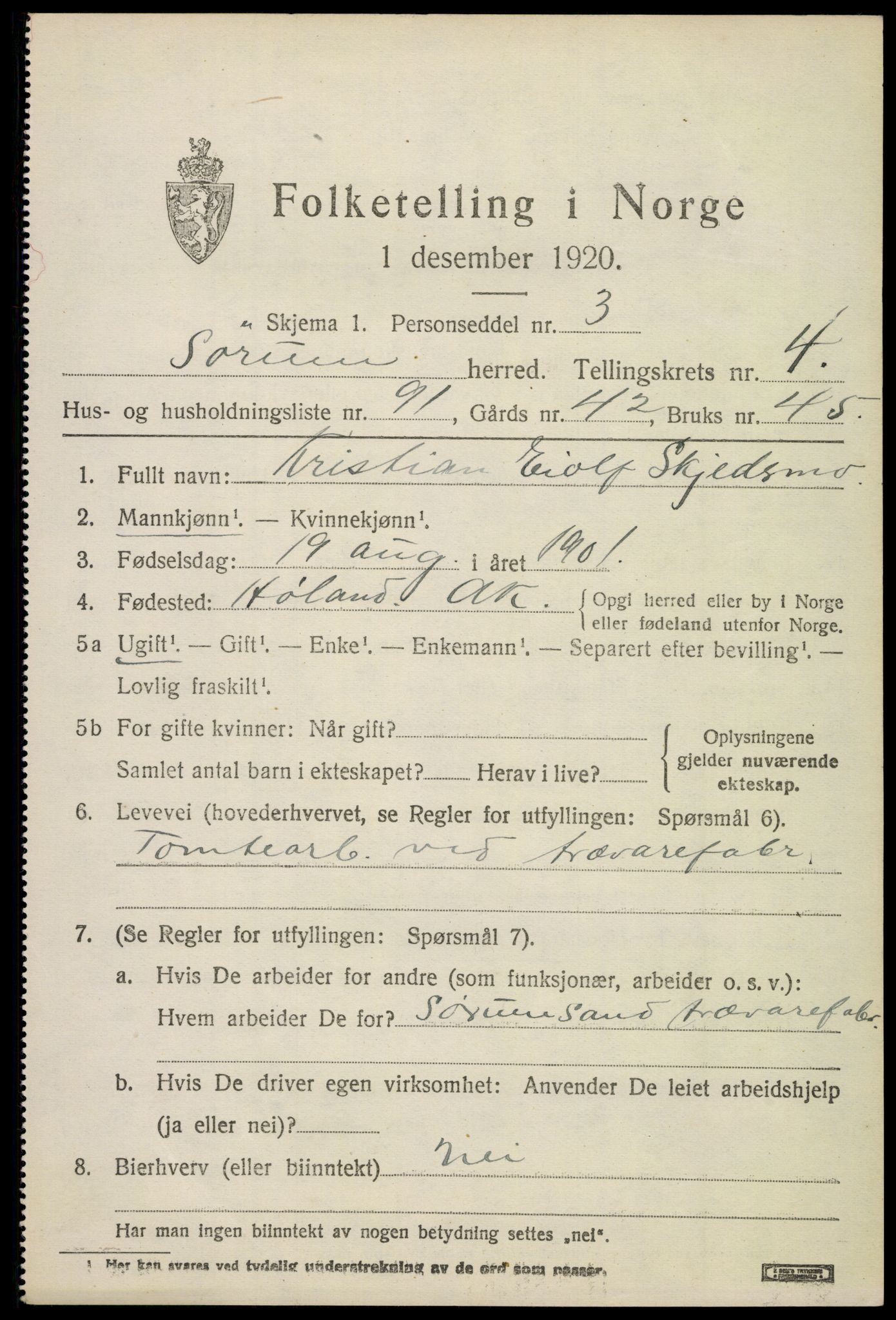 SAO, 1920 census for Sørum, 1920, p. 4585