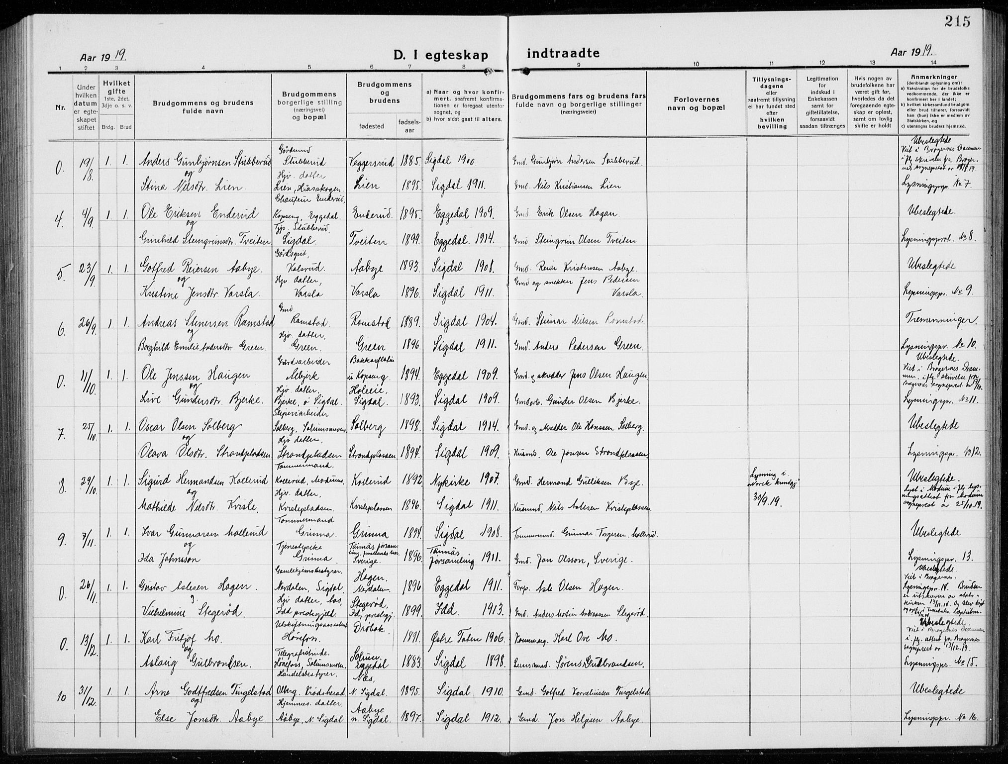 Sigdal kirkebøker, AV/SAKO-A-245/G/Ga/L0007: Parish register (copy) no. I 7, 1917-1935, p. 215