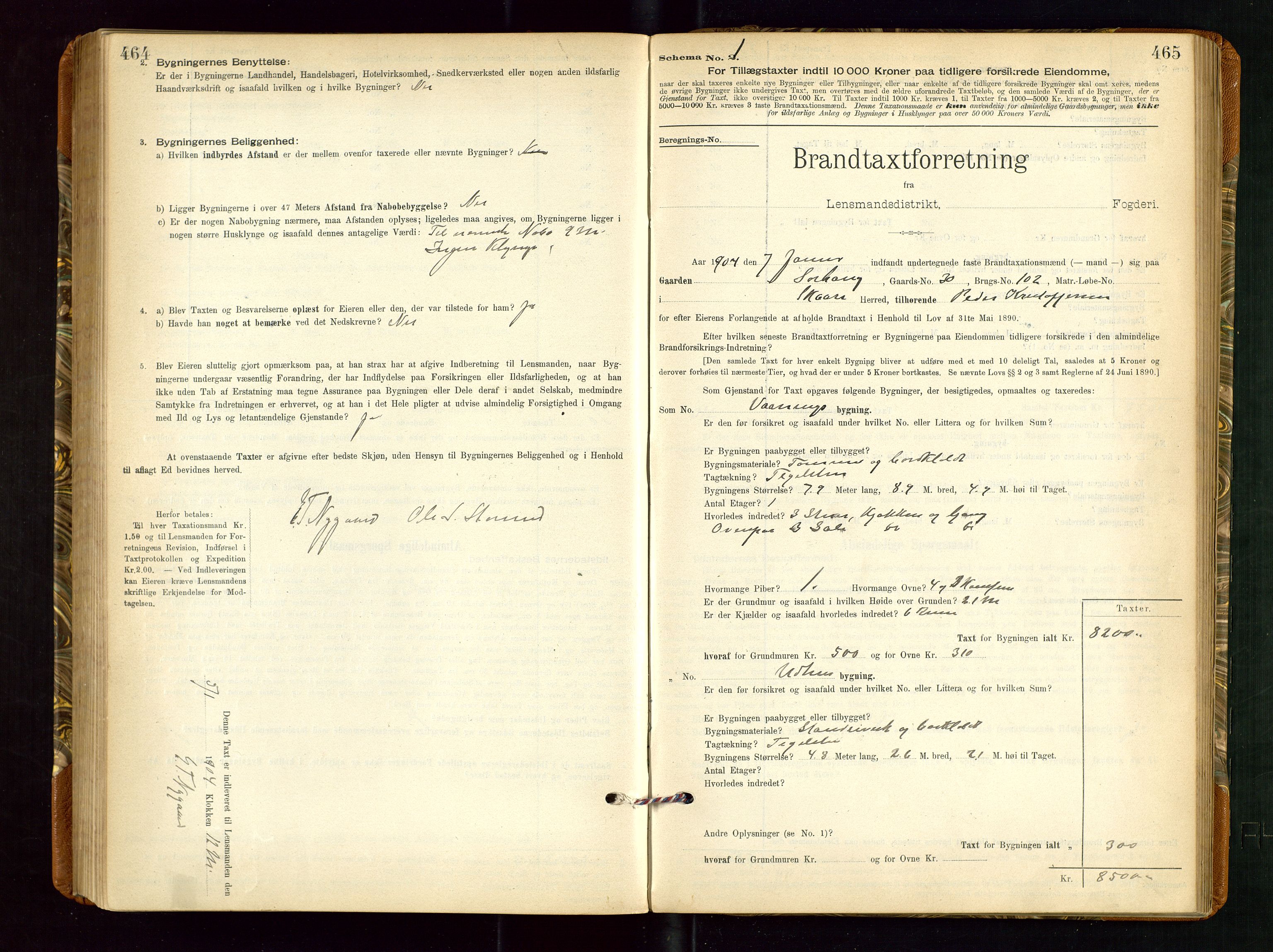 Torvestad lensmannskontor, SAST/A-100307/1/Gob/L0002: "Brandtakstprotokol for Lensmanden i Torvestad", 1900-1905, p. 464-465