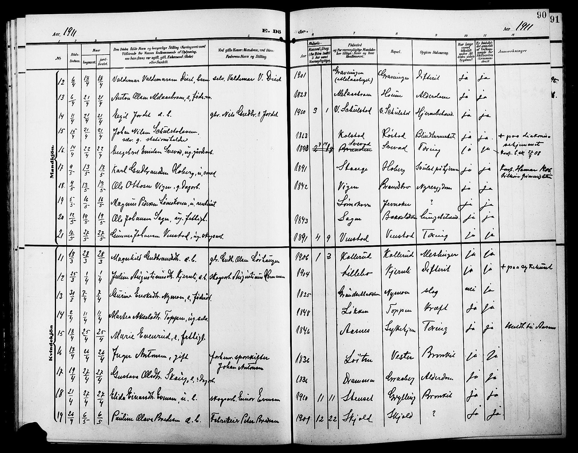 Elverum prestekontor, AV/SAH-PREST-044/H/Ha/Hab/L0009: Parish register (copy) no. 9, 1908-1921, p. 90