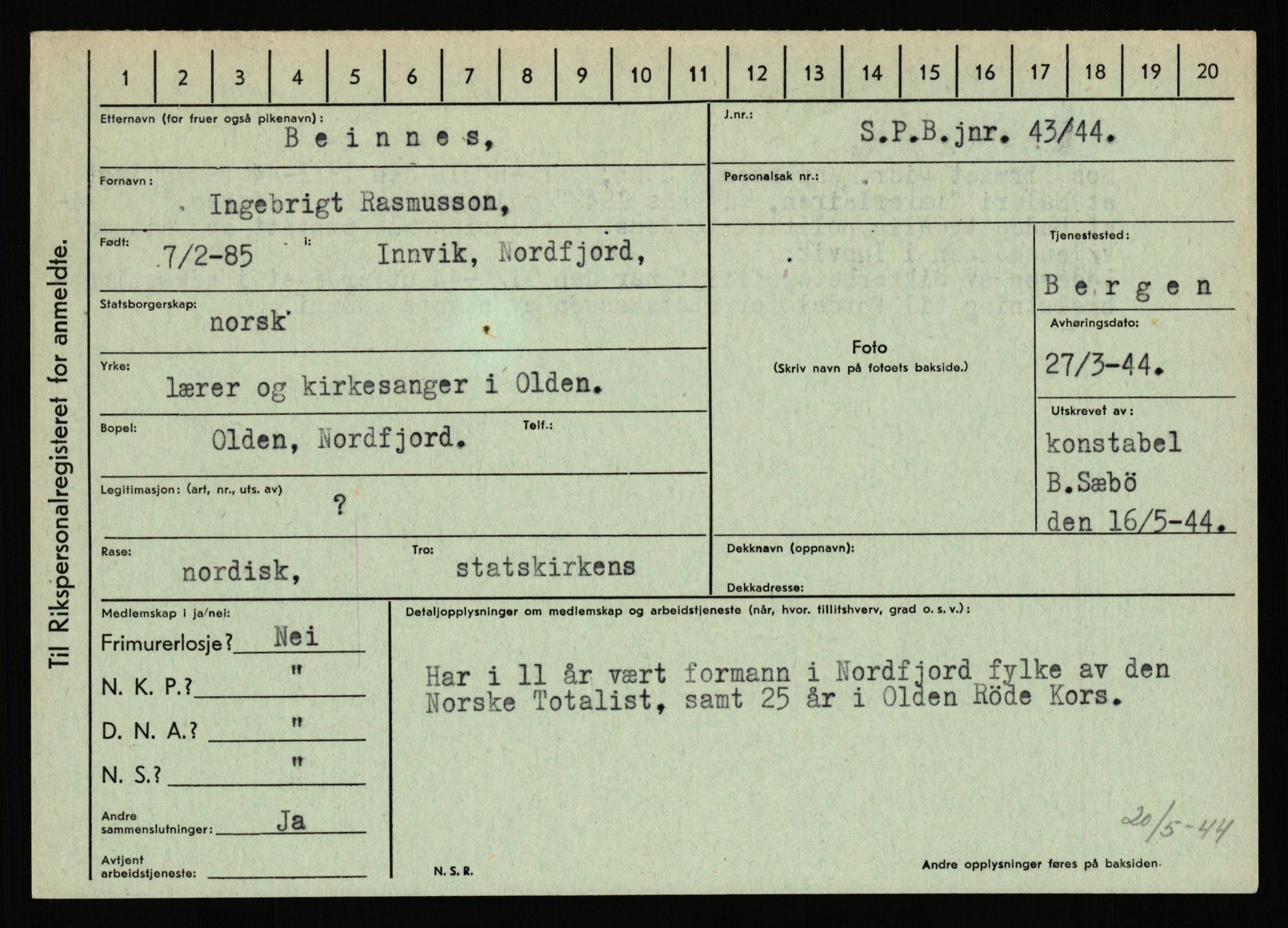 Statspolitiet - Hovedkontoret / Osloavdelingen, AV/RA-S-1329/C/Ca/L0002: Arneberg - Brand, 1943-1945, p. 1665