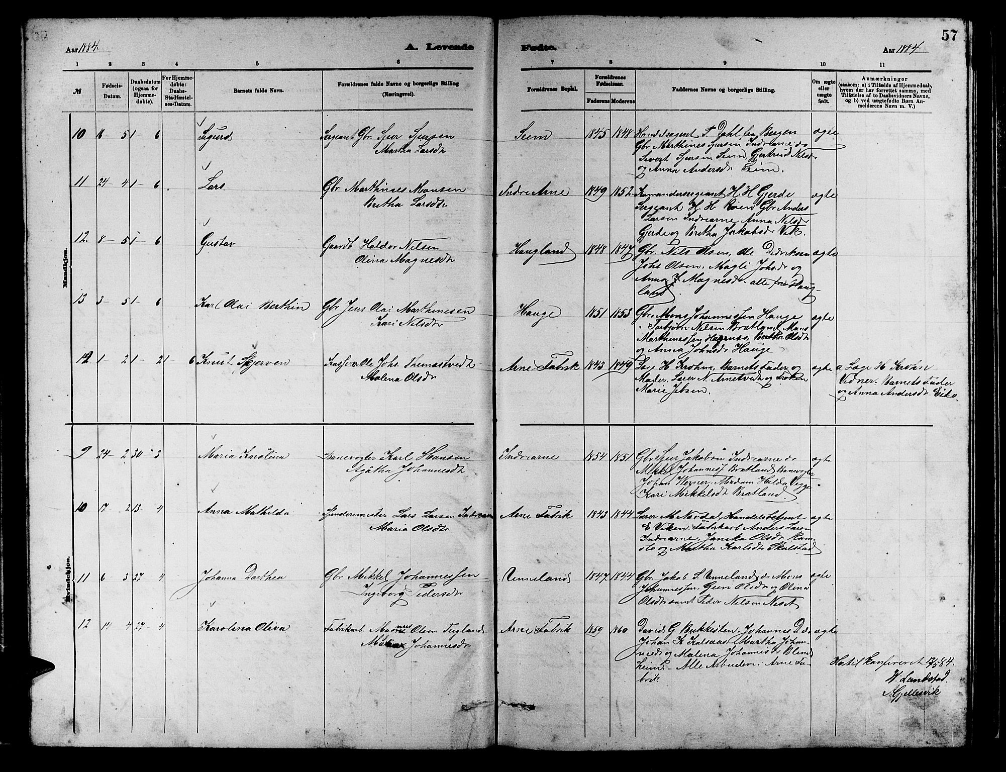 Arna sokneprestembete, AV/SAB-A-74001/H/Ha/Hab: Parish register (copy) no. A 2, 1878-1887, p. 57