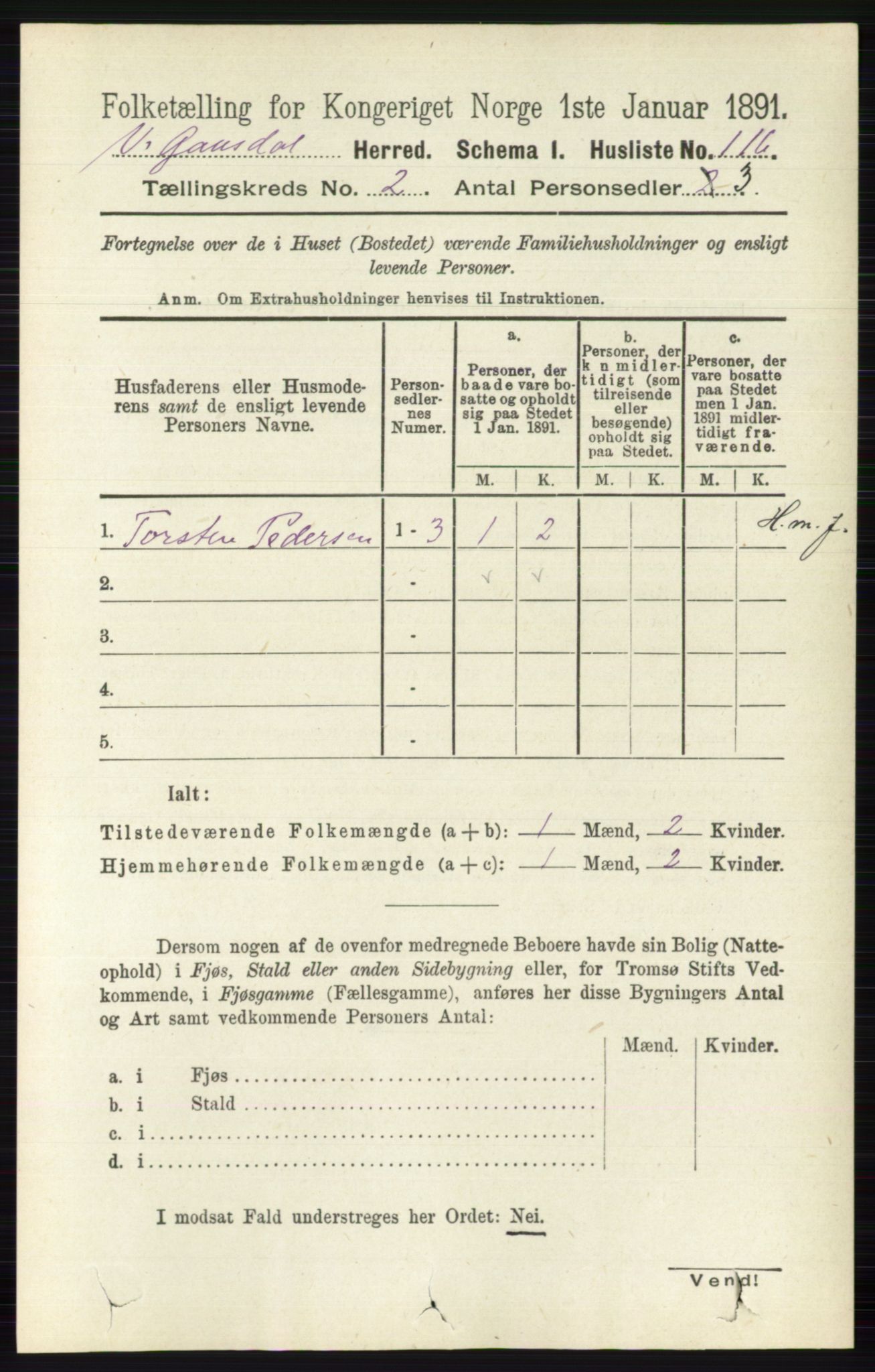 RA, 1891 census for 0523 Vestre Gausdal, 1891, p. 500
