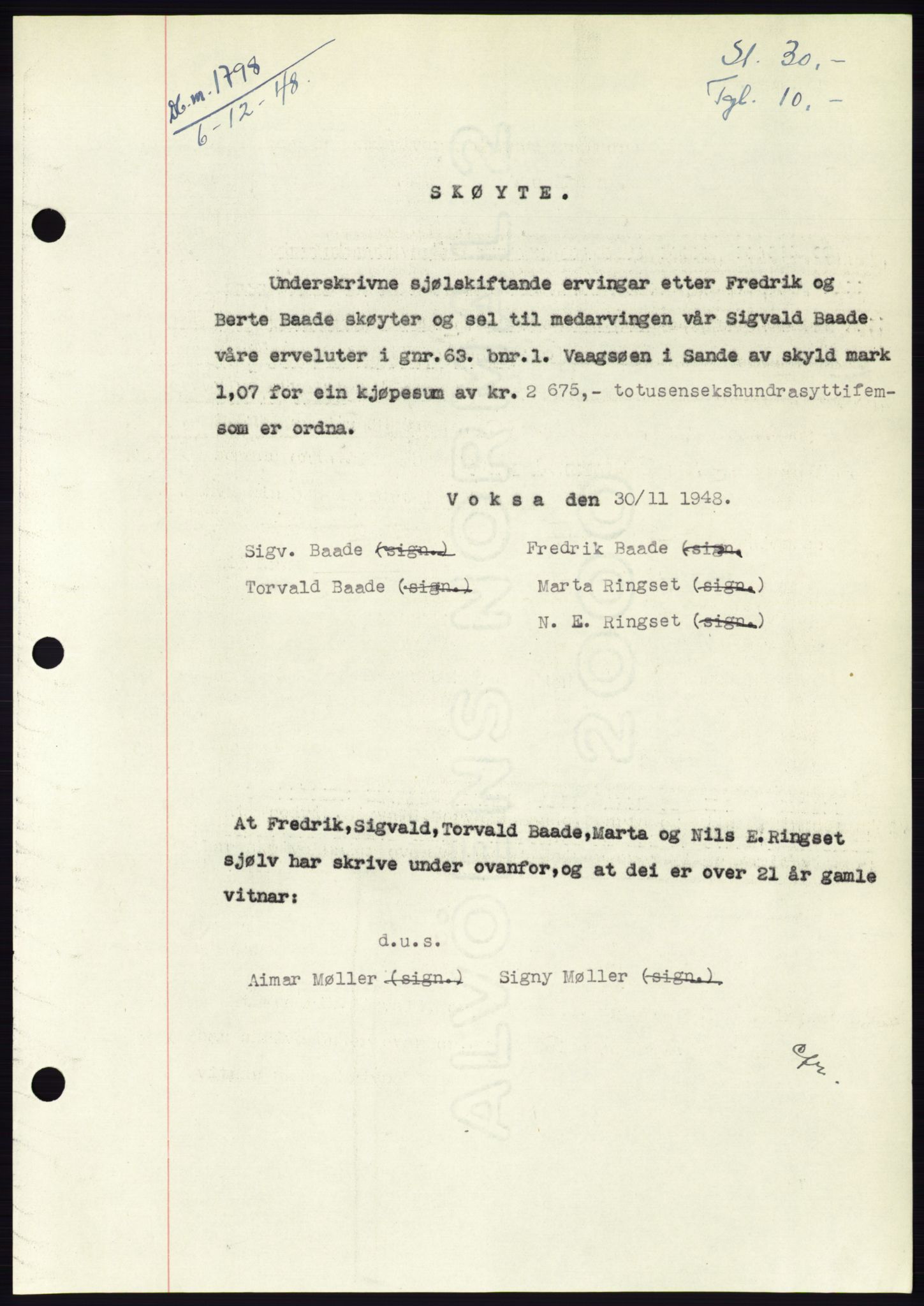 Søre Sunnmøre sorenskriveri, AV/SAT-A-4122/1/2/2C/L0083: Mortgage book no. 9A, 1948-1949, Diary no: : 1798/1948