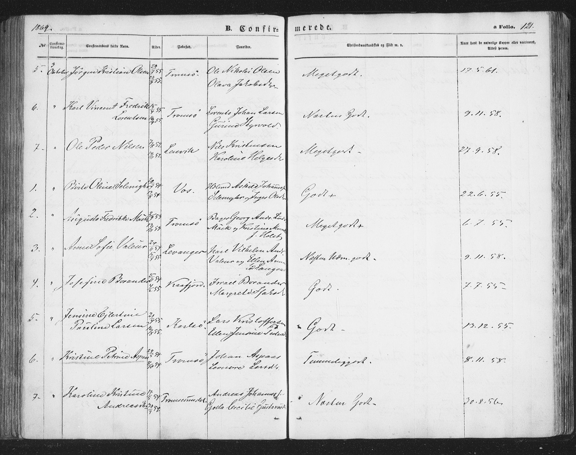 Tromsø sokneprestkontor/stiftsprosti/domprosti, SATØ/S-1343/G/Ga/L0012kirke: Parish register (official) no. 12, 1865-1871, p. 121
