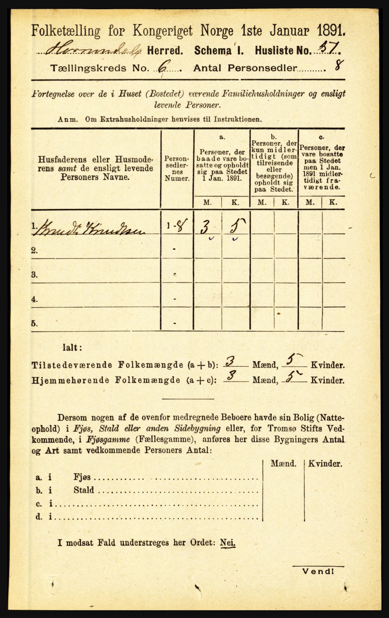 RA, 1891 census for 1444 Hornindal, 1891, p. 1398