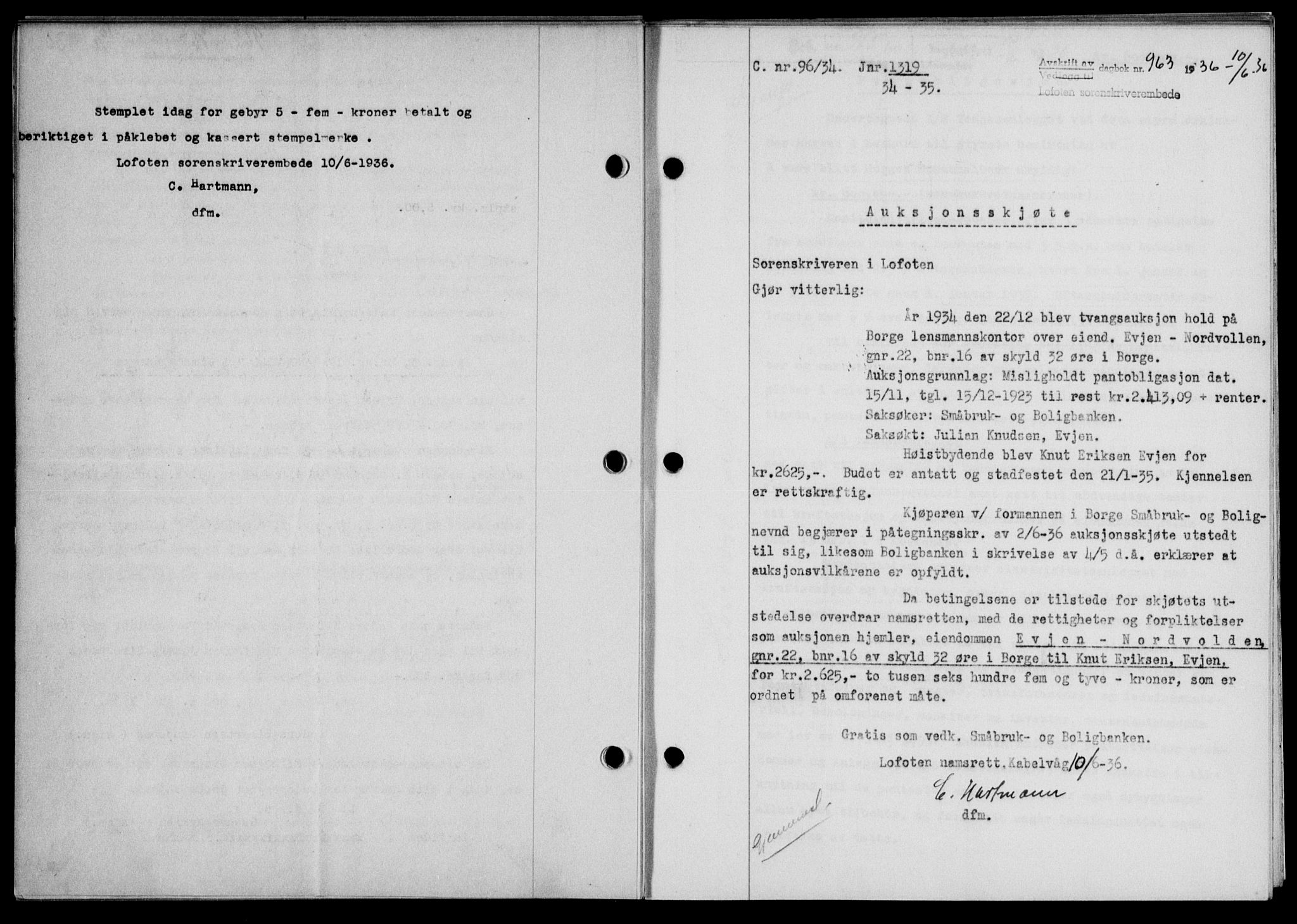 Lofoten sorenskriveri, SAT/A-0017/1/2/2C/L0033b: Mortgage book no. 33b, 1936-1936, Diary no: : 963/1936