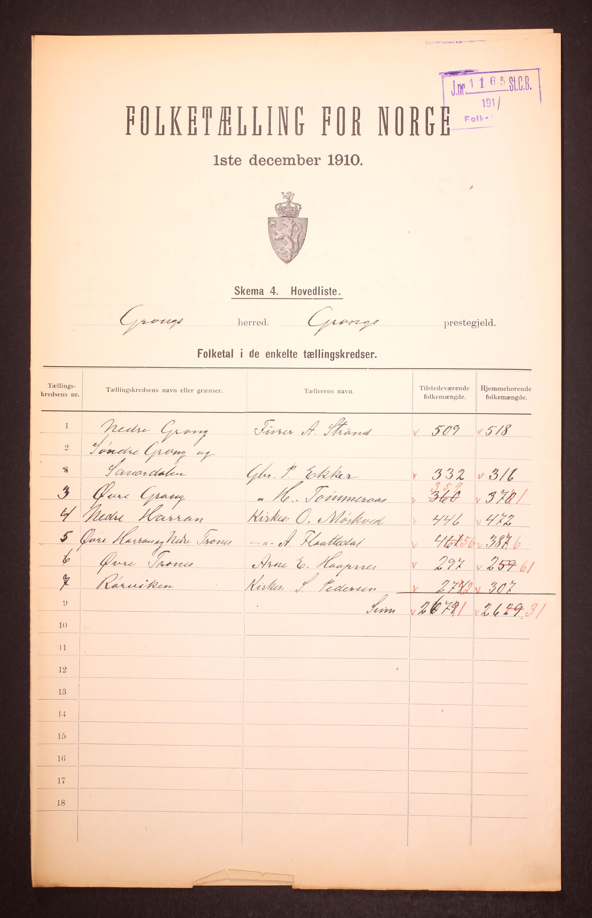 RA, 1910 census for Grong, 1910, p. 2