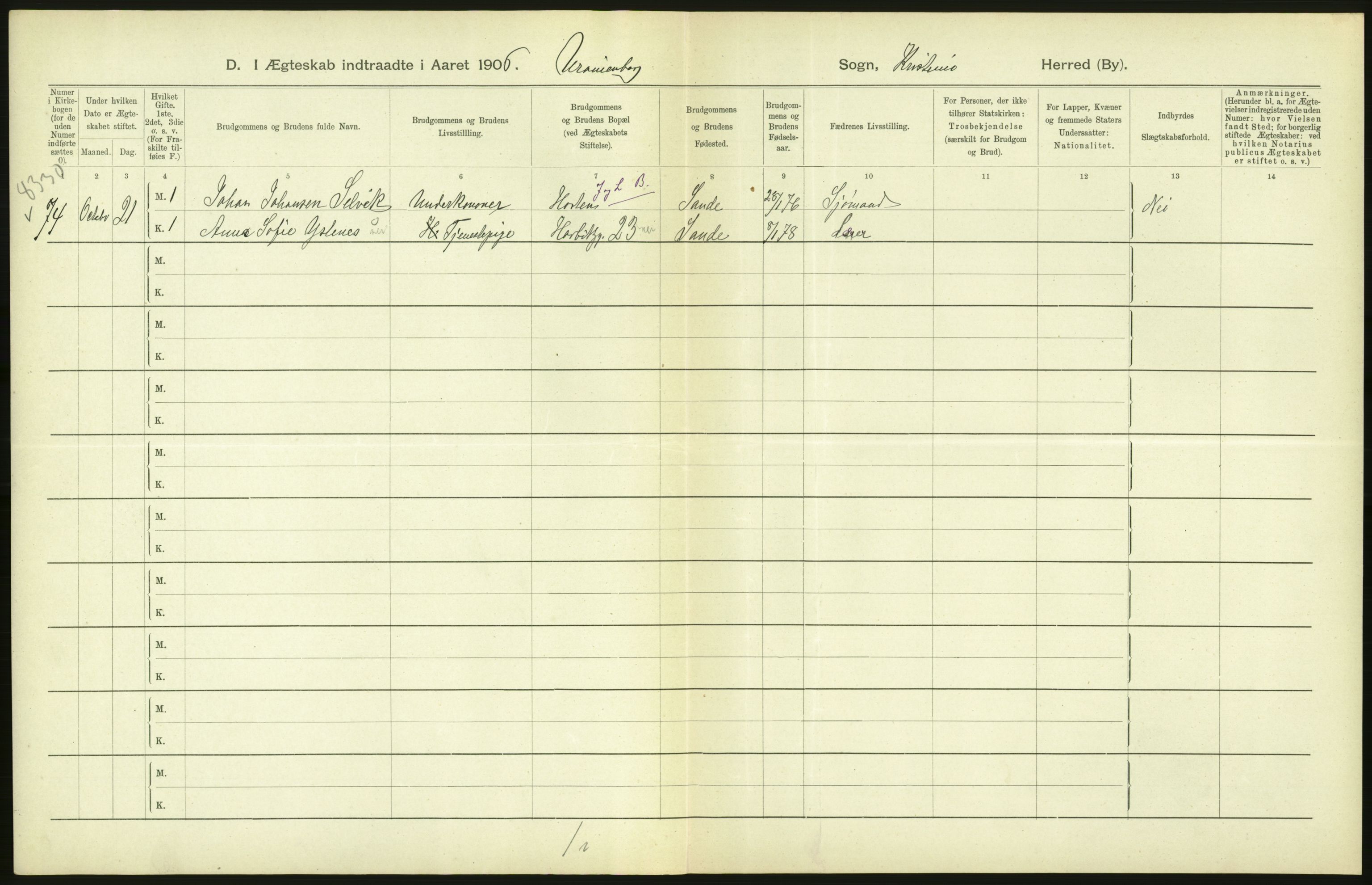 Statistisk sentralbyrå, Sosiodemografiske emner, Befolkning, AV/RA-S-2228/D/Df/Dfa/Dfad/L0008: Kristiania: Gifte, 1906, p. 478