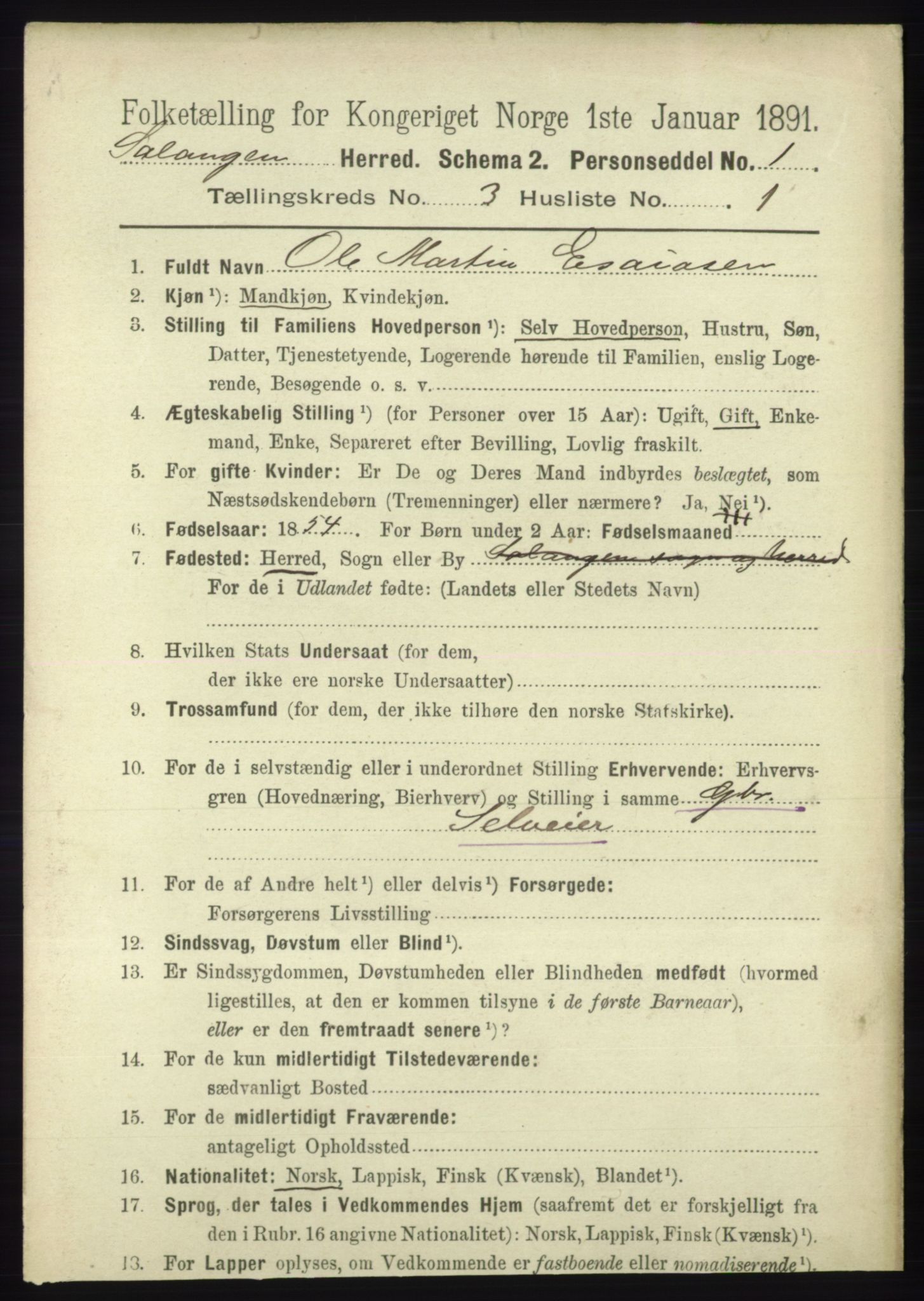 RA, 1891 census for 1921 Salangen, 1891, p. 1229