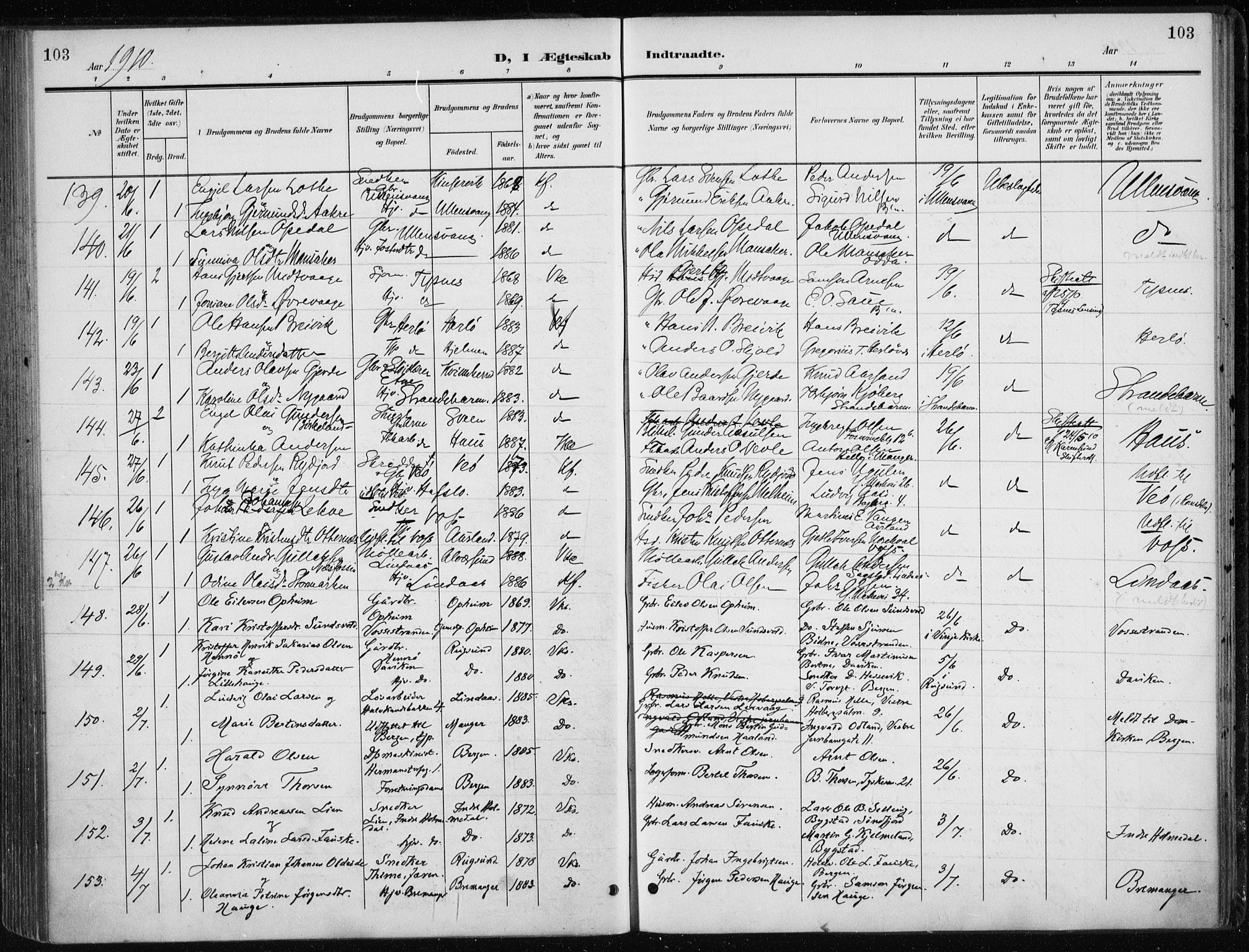 Nykirken Sokneprestembete, SAB/A-77101/H/Haa/L0035: Parish register (official) no. D 5, 1905-1913, p. 103