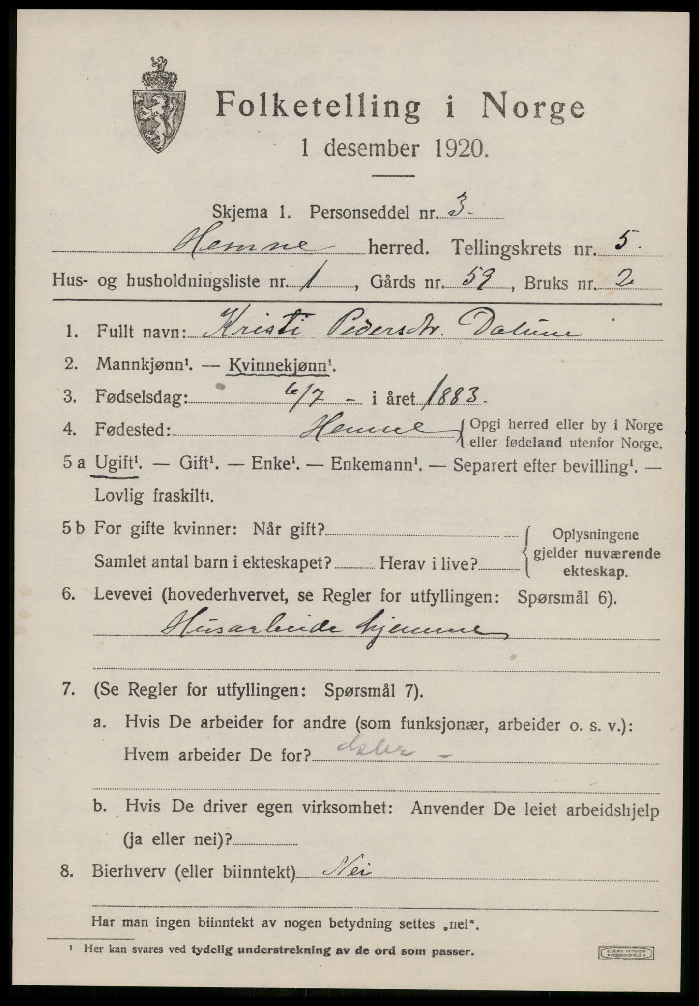 SAT, 1920 census for Hemne, 1920, p. 3102