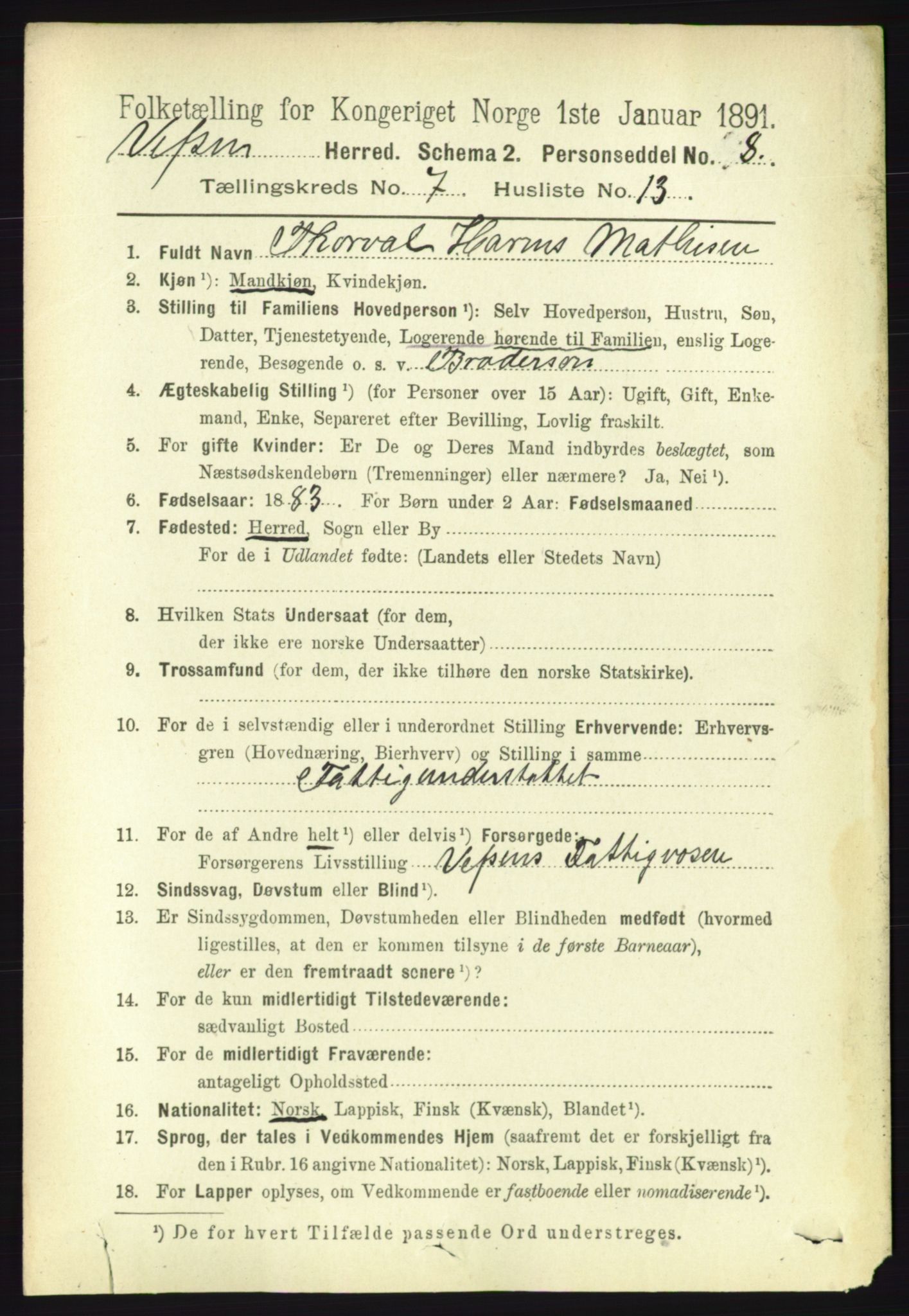 RA, 1891 census for 1824 Vefsn, 1891, p. 3767