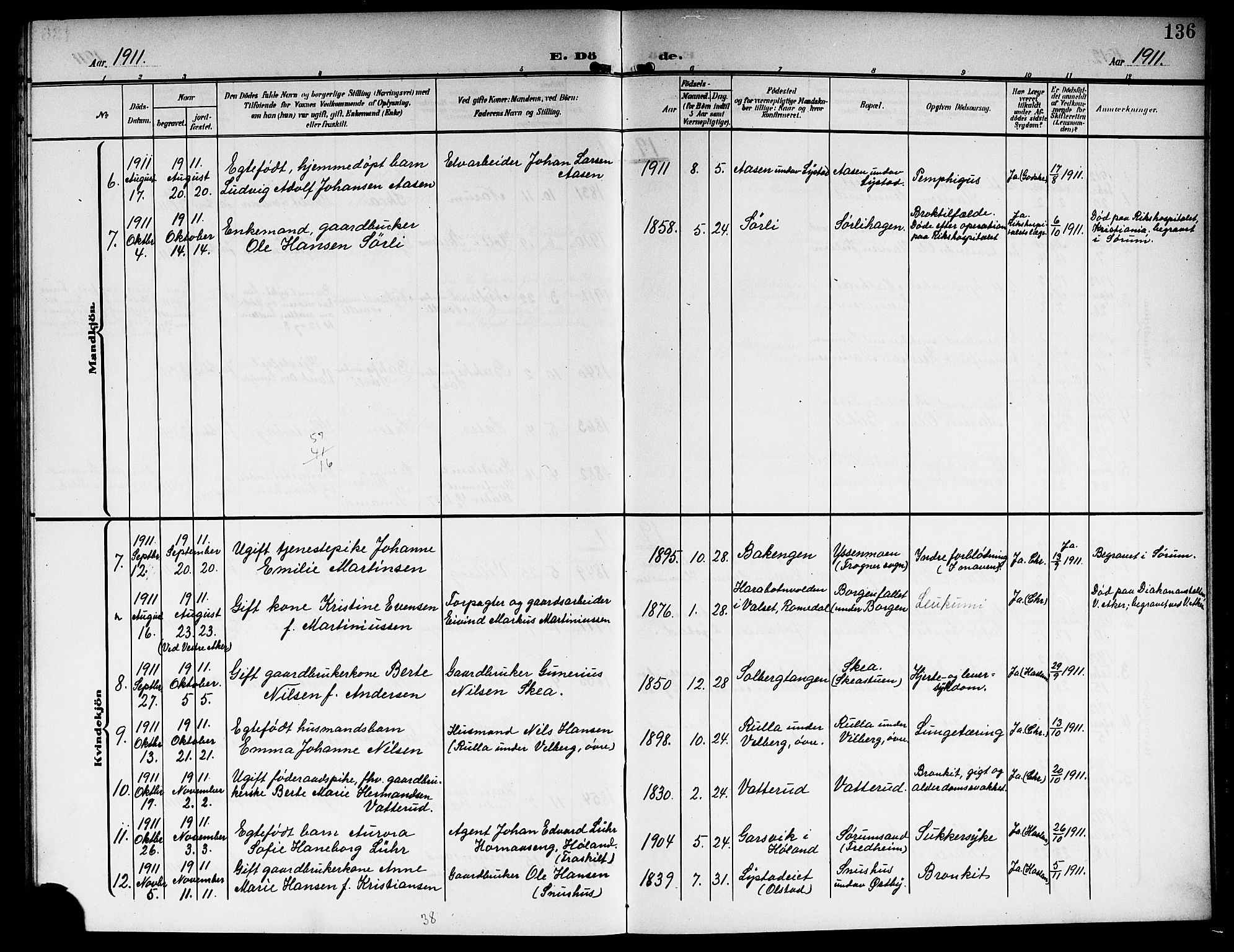 Sørum prestekontor Kirkebøker, AV/SAO-A-10303/G/Ga/L0007: Parish register (copy) no. I 7, 1907-1917, p. 136