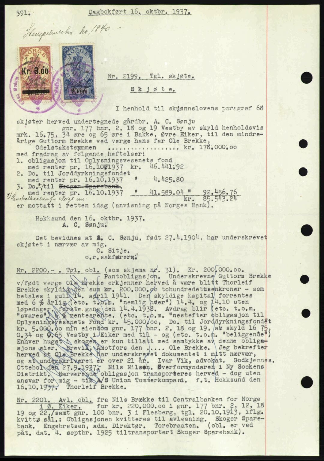 Eiker, Modum og Sigdal sorenskriveri, SAKO/A-123/G/Ga/Gab/L0036: Mortgage book no. A6, 1937-1937, Diary no: : 2199/1937