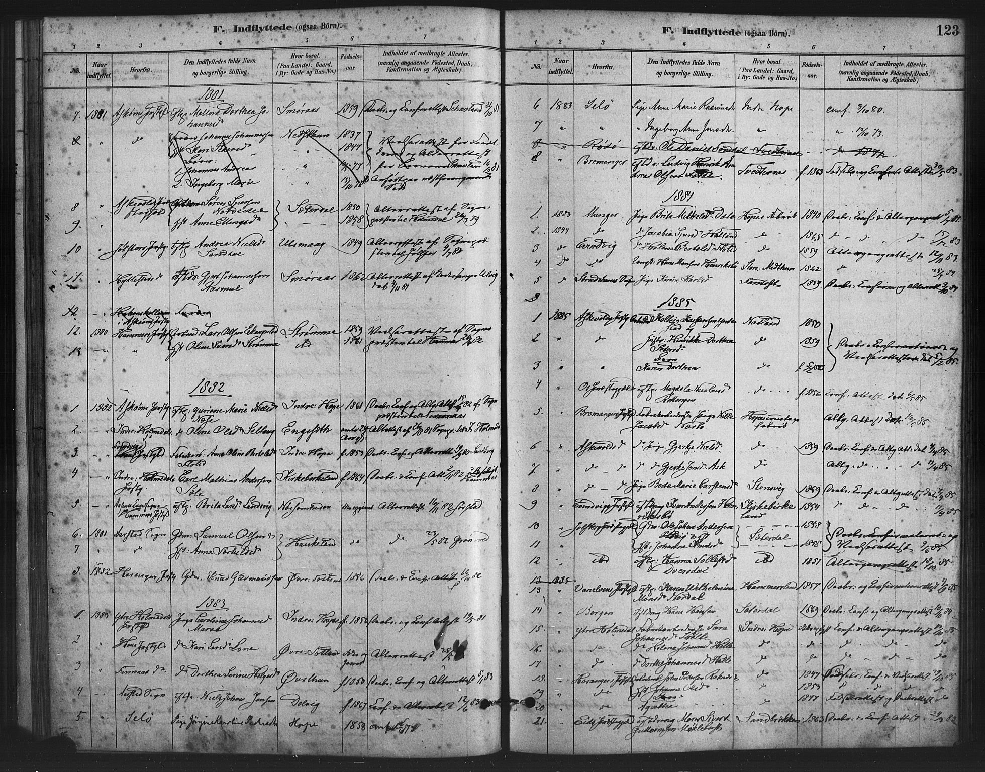 Fana Sokneprestembete, AV/SAB-A-75101/H/Haa/Haai/L0001: Parish register (official) no. I 1, 1878-1888, p. 123