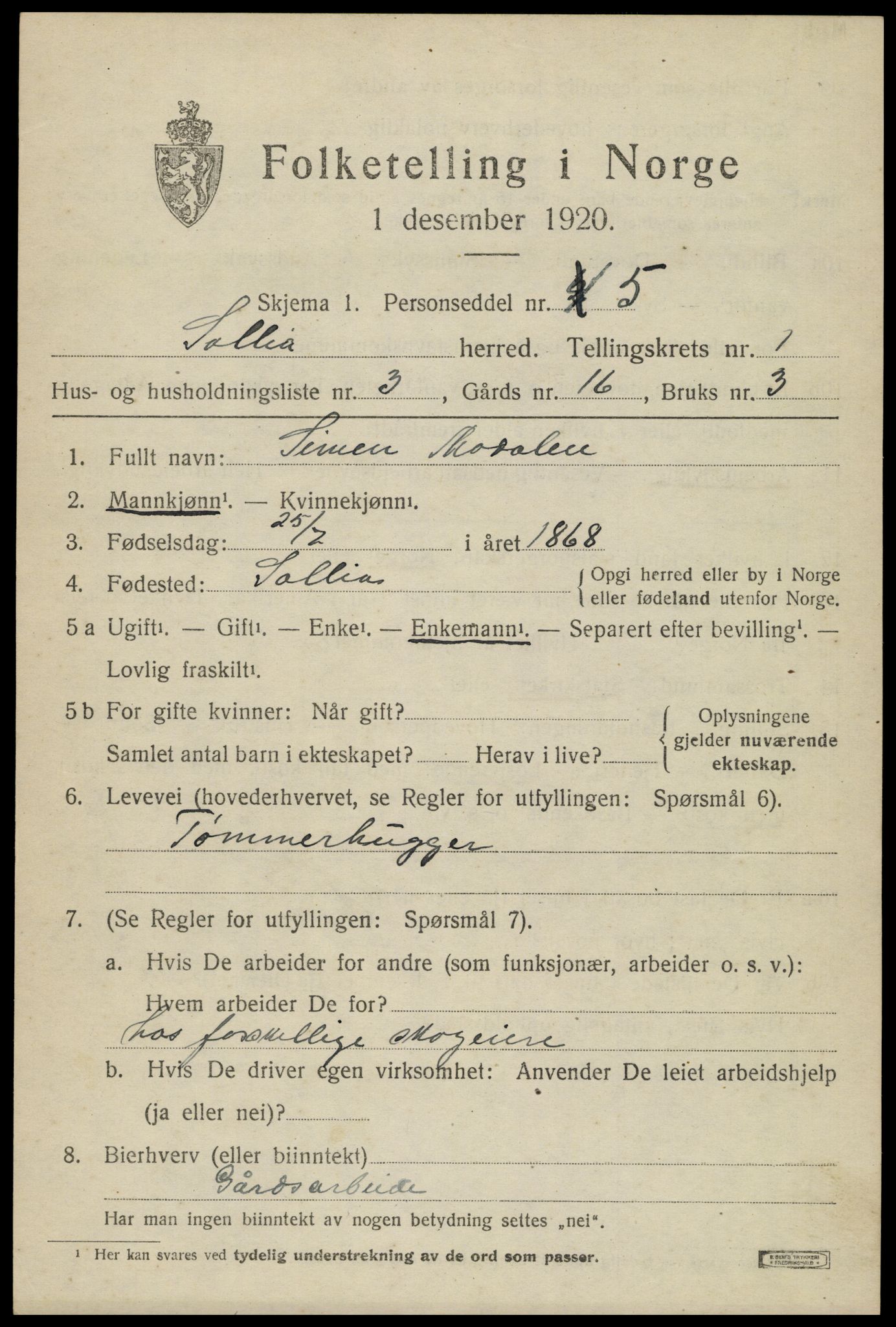 SAH, 1920 census for Sollia, 1920, p. 219