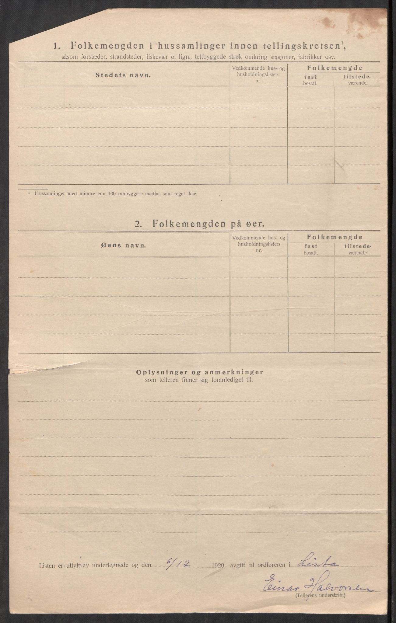 SAK, 1920 census for Lista, 1920, p. 71