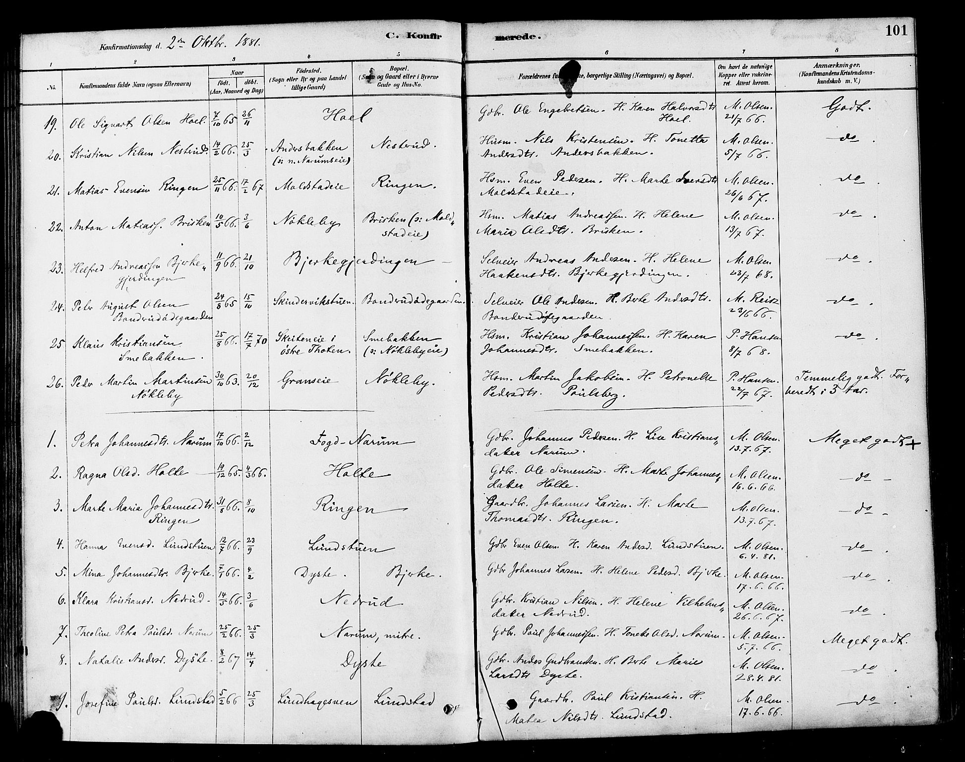 Vestre Toten prestekontor, AV/SAH-PREST-108/H/Ha/Haa/L0010: Parish register (official) no. 10, 1878-1894, p. 101