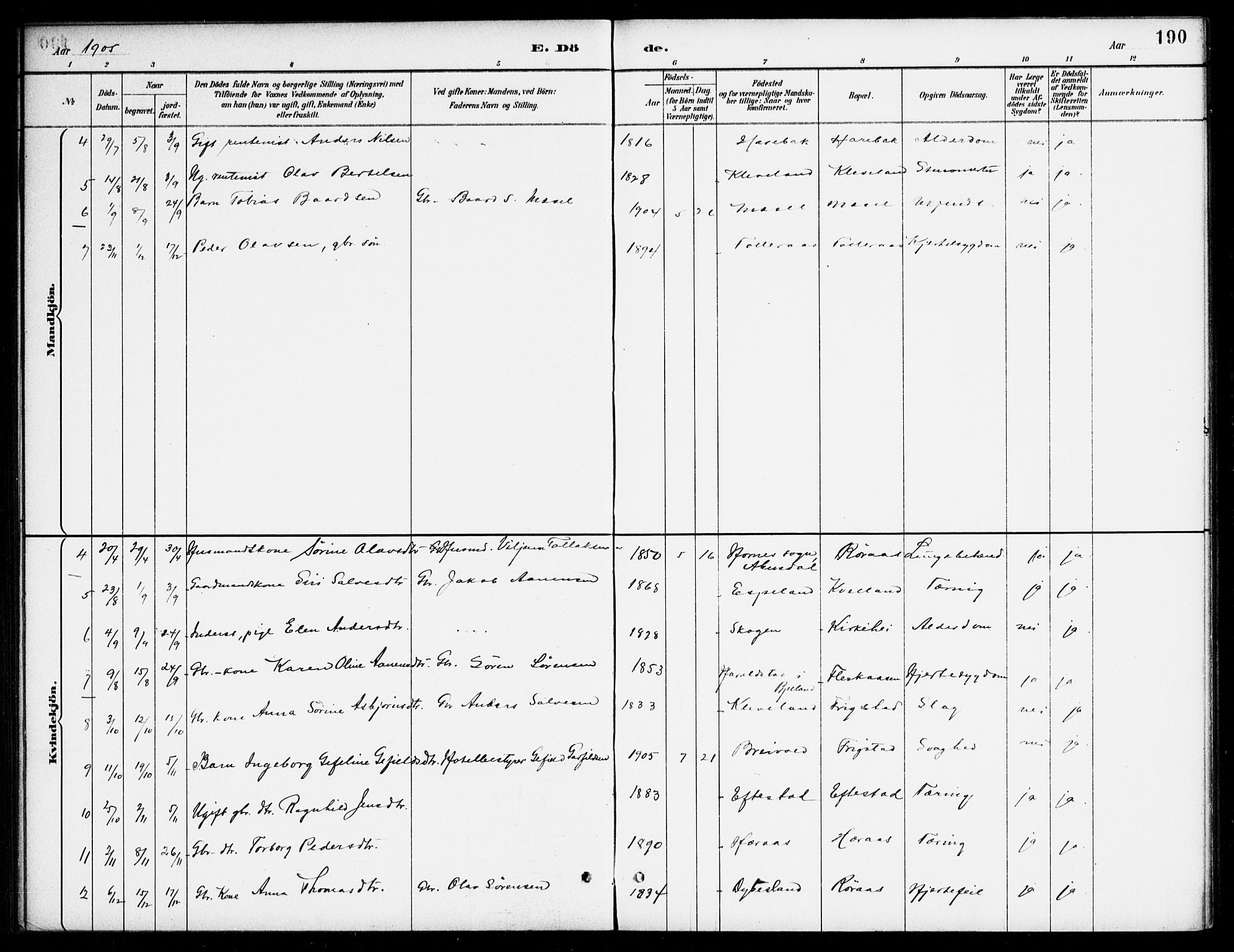 Bjelland sokneprestkontor, SAK/1111-0005/F/Fa/Fab/L0004: Parish register (official) no. A 4, 1887-1920, p. 190