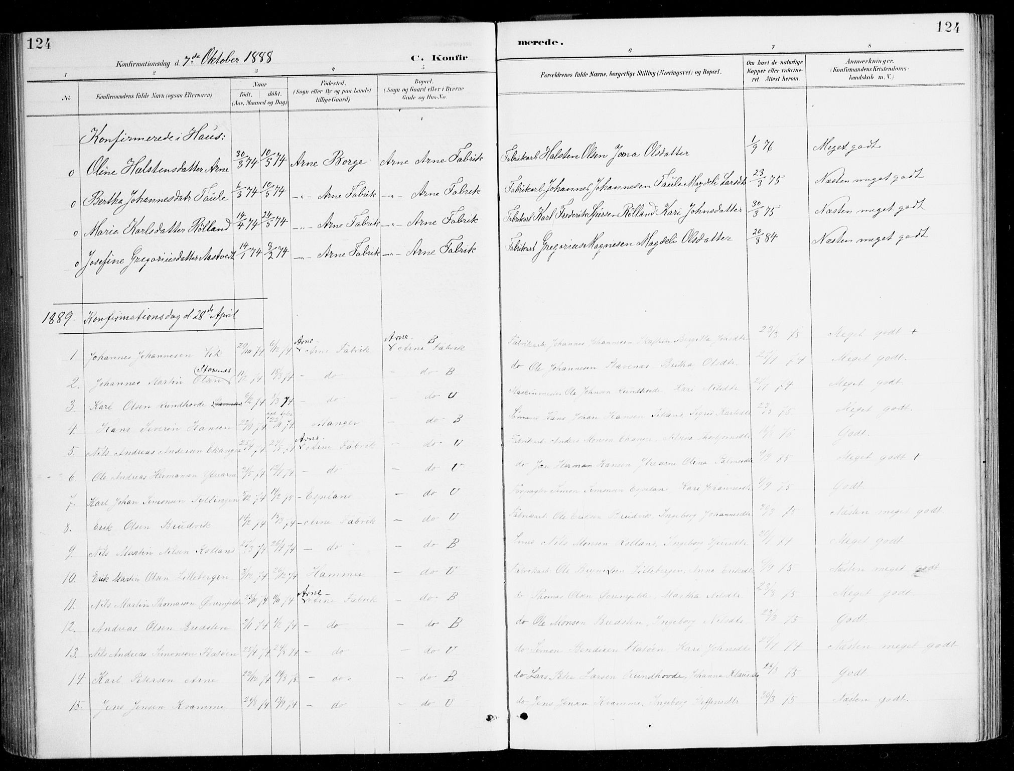 Haus sokneprestembete, SAB/A-75601/H/Haa/Haad/L0001: Parish register (official) no. D 1, 1887-1898, p. 124