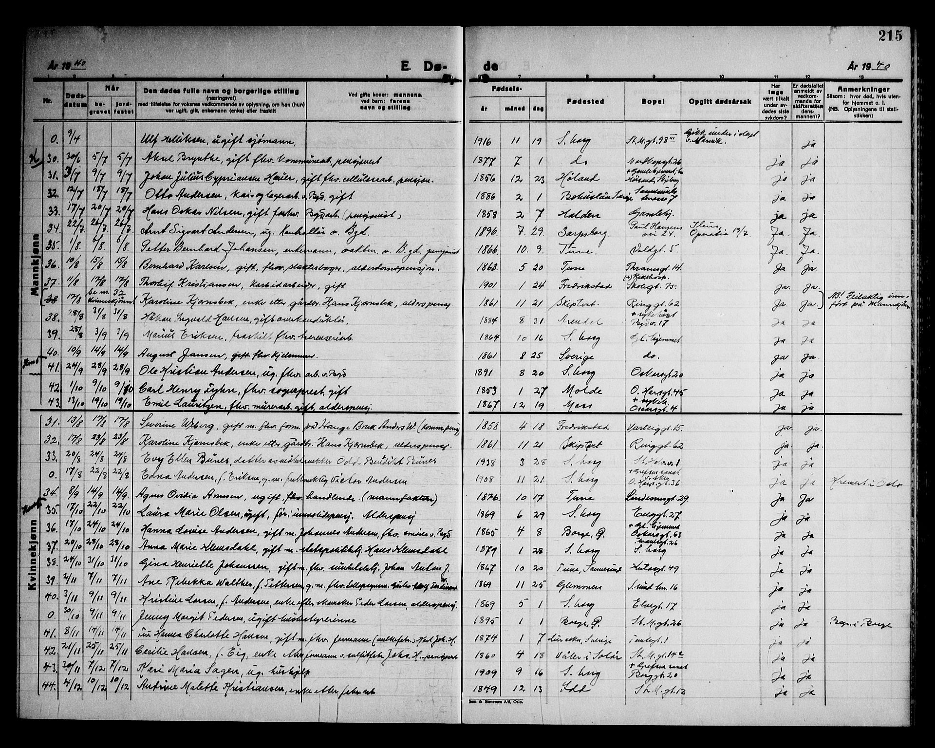 Sarpsborg prestekontor Kirkebøker, AV/SAO-A-2006/G/Ga/L0004: Parish register (copy) no. 4, 1929-1949, p. 215