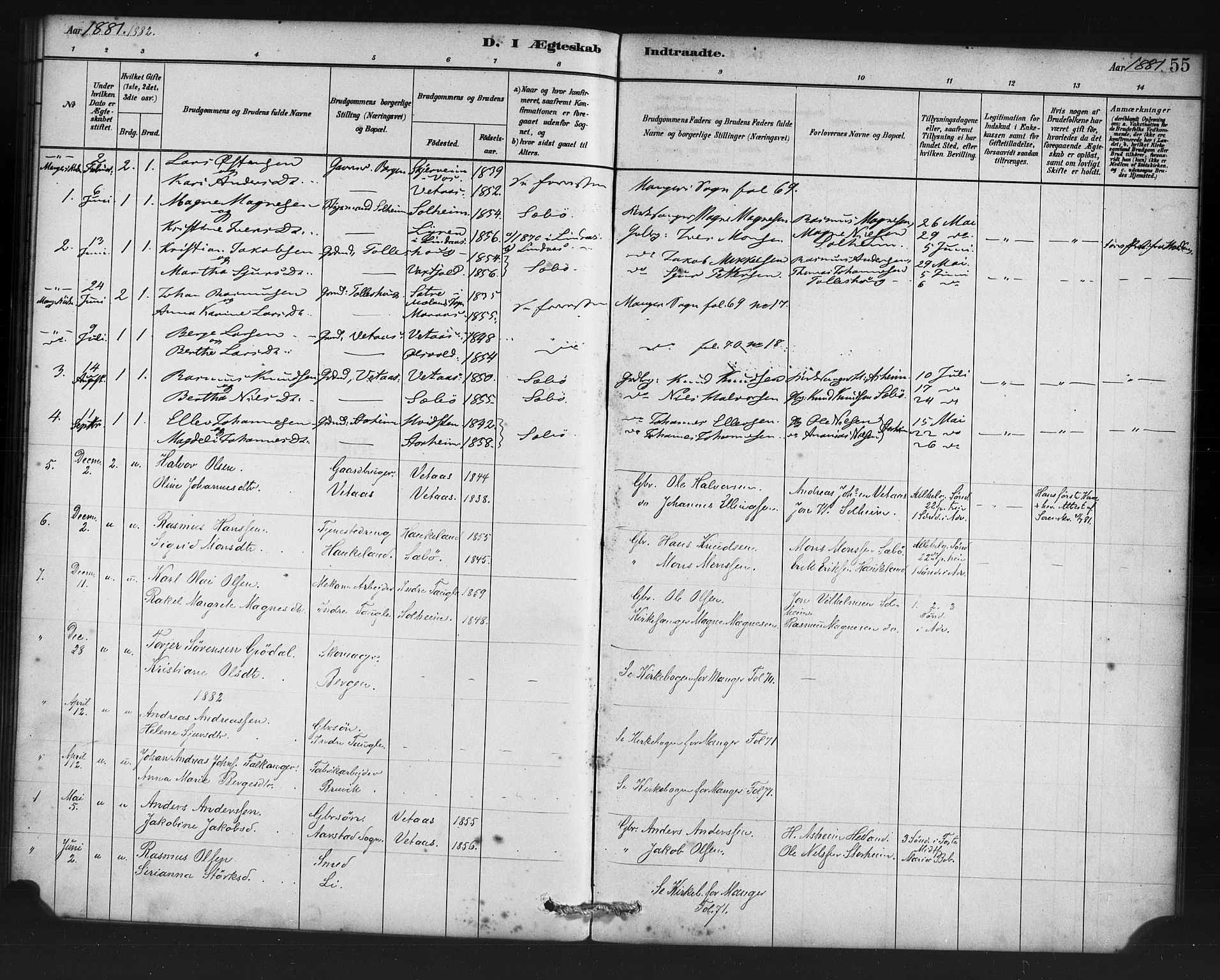 Manger sokneprestembete, SAB/A-76801/H/Haa: Parish register (official) no. D 1, 1881-1892, p. 55