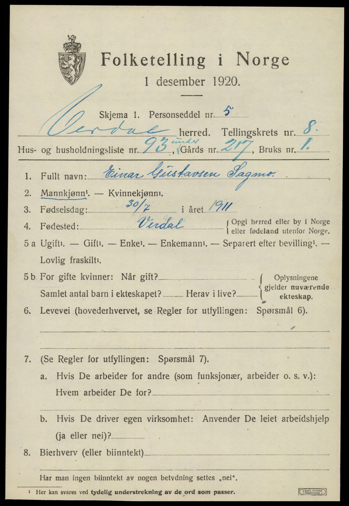 SAT, 1920 census for Verdal, 1920, p. 11351