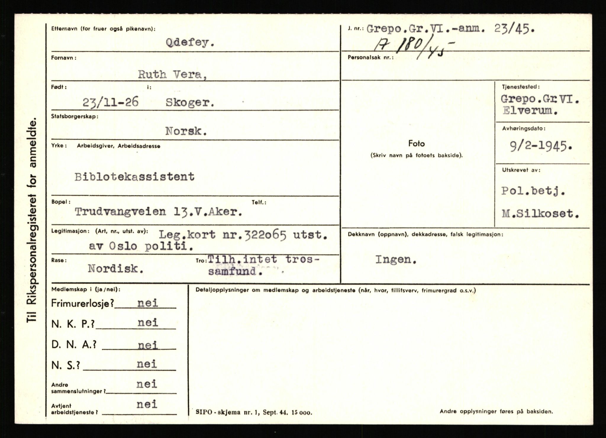 Statspolitiet - Hovedkontoret / Osloavdelingen, AV/RA-S-1329/C/Ca/L0012: Oanæs - Quistgaard	, 1943-1945, p. 62