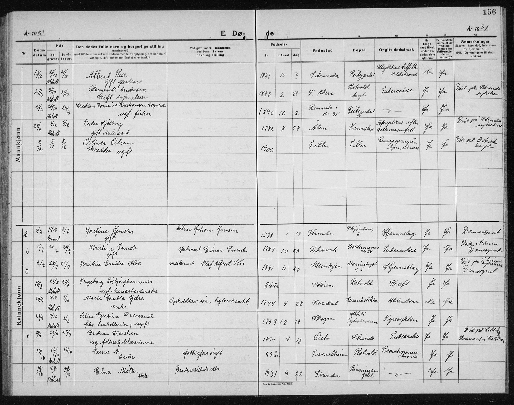 Ministerialprotokoller, klokkerbøker og fødselsregistre - Sør-Trøndelag, AV/SAT-A-1456/607/L0327: Parish register (copy) no. 607C01, 1930-1939, p. 156