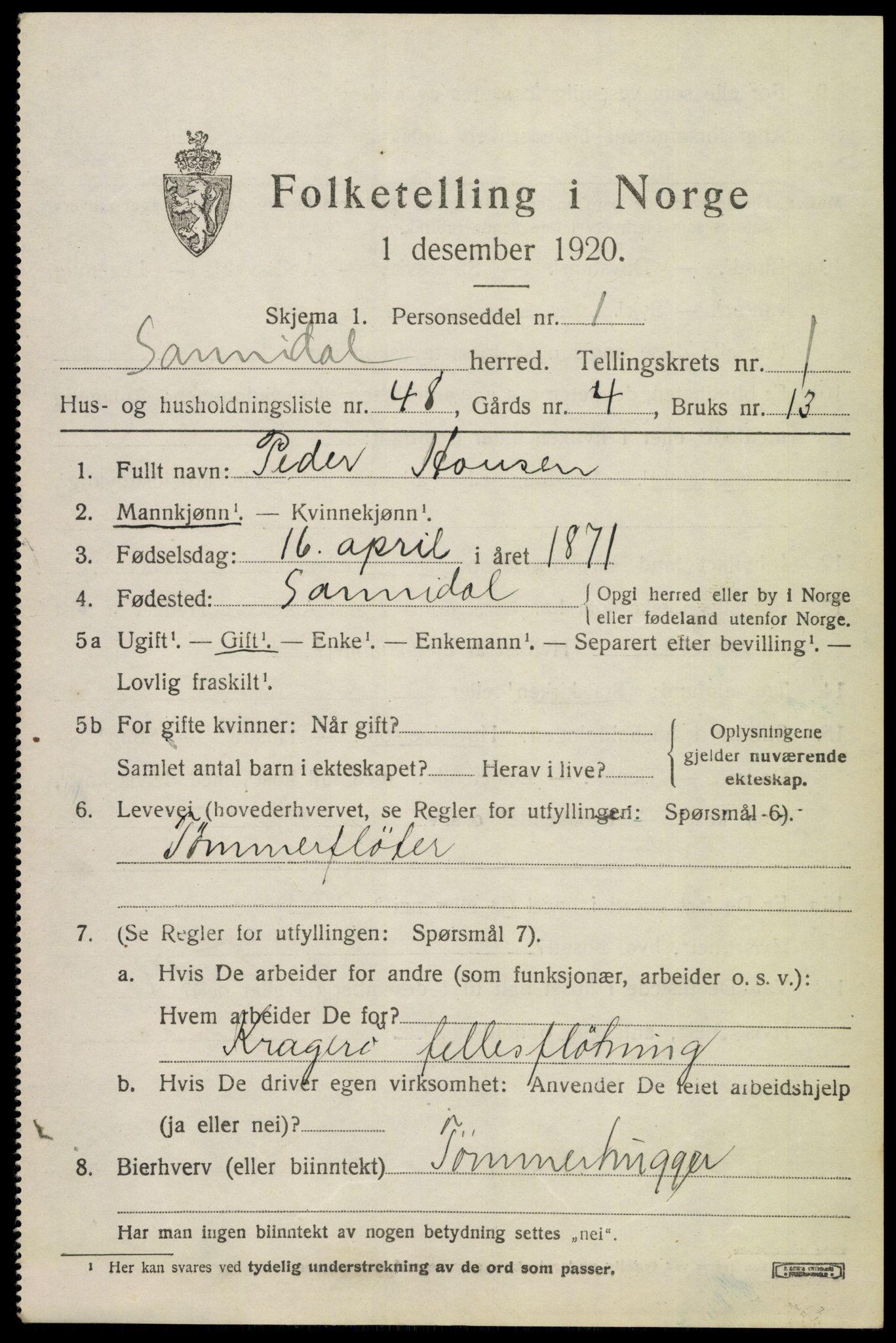 SAKO, 1920 census for Sannidal, 1920, p. 1601