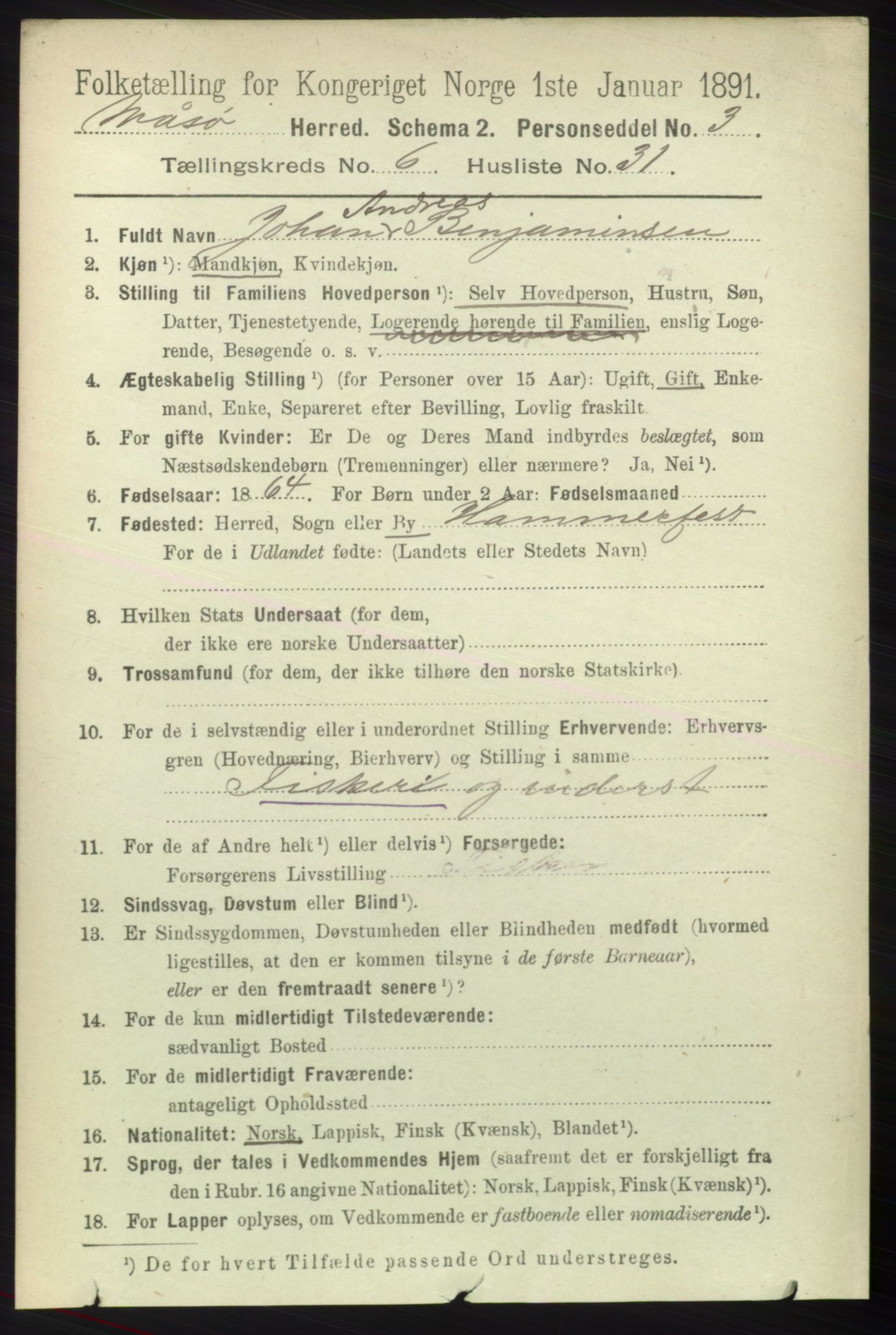 RA, 1891 census for 2018 Måsøy, 1891, p. 1306