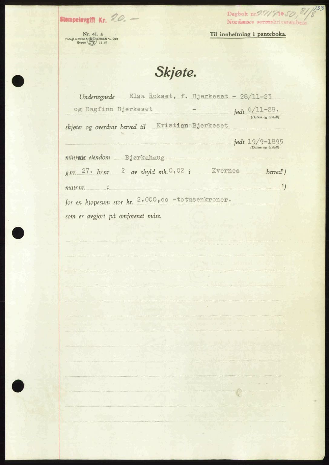 Nordmøre sorenskriveri, AV/SAT-A-4132/1/2/2Ca: Mortgage book no. A116, 1950-1950, Diary no: : 2717/1950