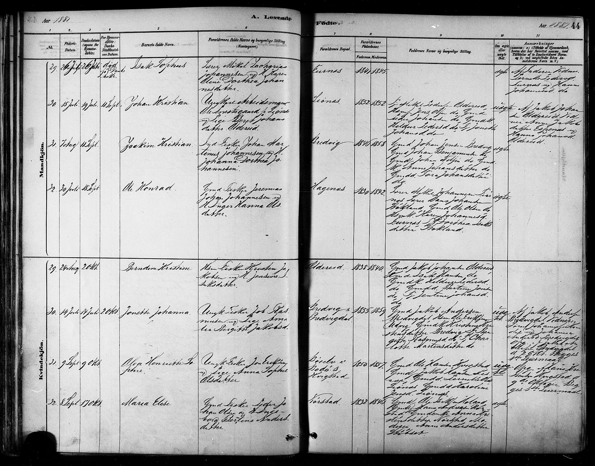 Ministerialprotokoller, klokkerbøker og fødselsregistre - Nordland, AV/SAT-A-1459/852/L0740: Parish register (official) no. 852A10, 1878-1894, p. 44