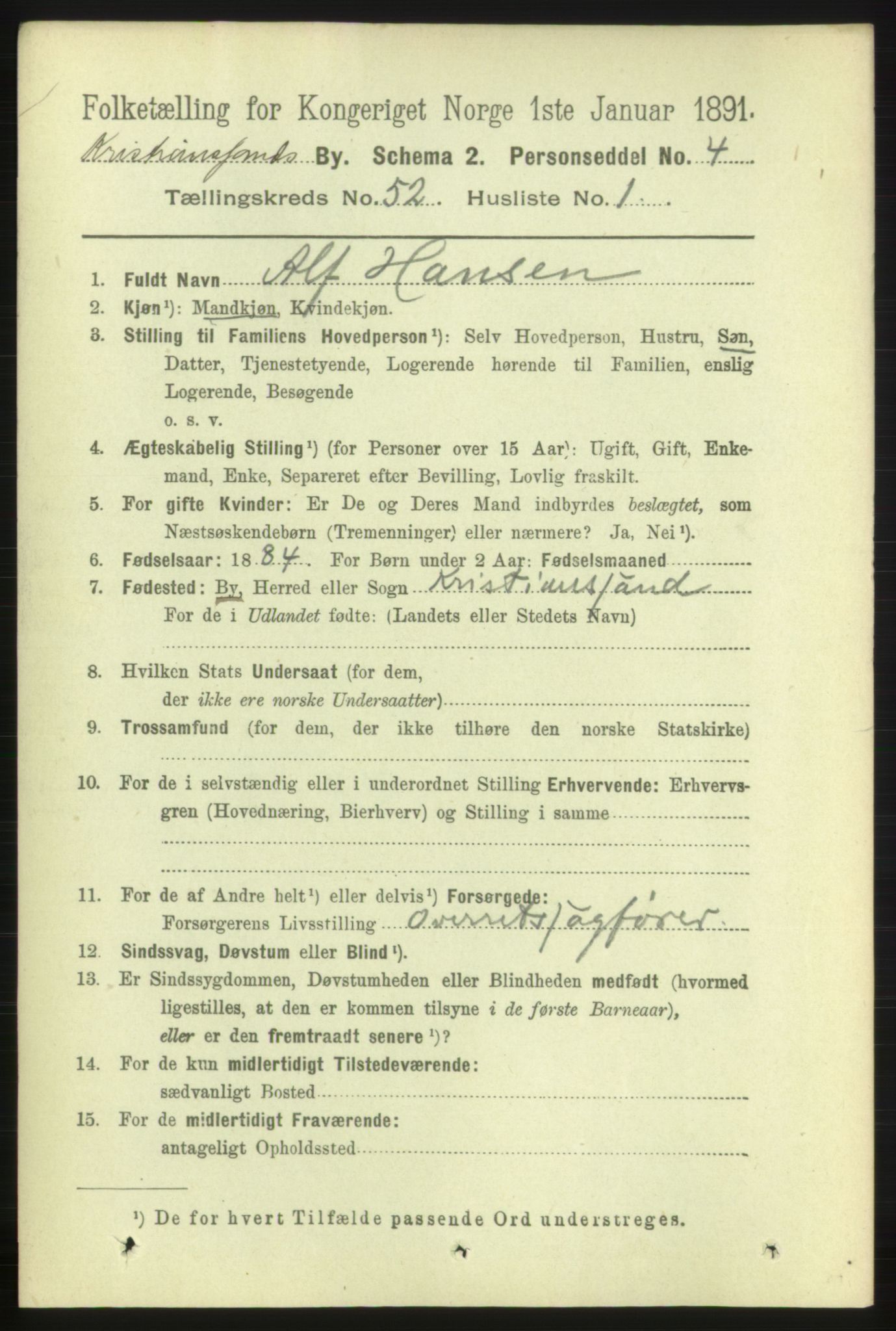 RA, 1891 census for 1001 Kristiansand, 1891, p. 15144